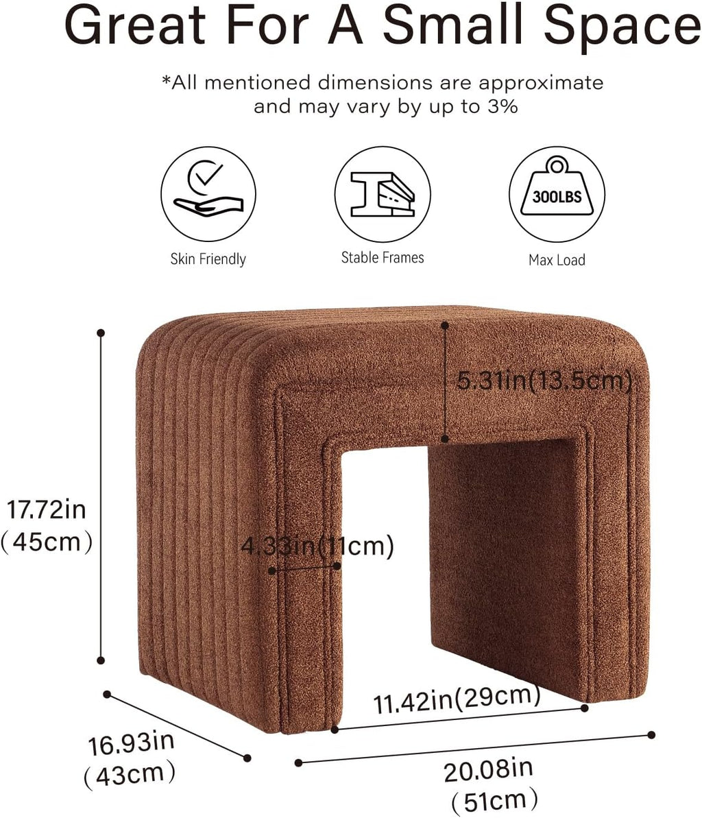 Get Set Style Vanity Stool Chair,Modern Boucle Ottoman Foot Stool with Wooden Legs Sofa Bench Footstool Extra Seat for Vanity,Makeup Room,Living Room,Entryway,Office (Fully Assembled) (Brown)