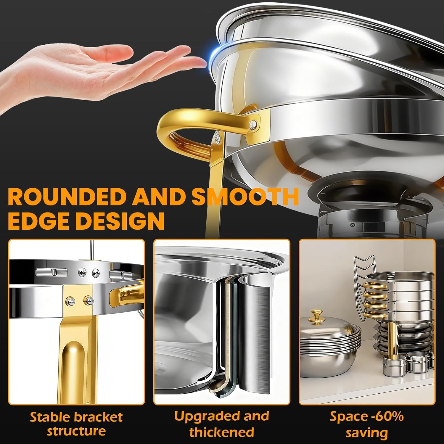ALSO GO Round Chafing Dishes for Buffet with 4 Serving Tongs, 4 Pack 6QT Chafing Dishes Buffet Set, Golden Stainless Steel Catering Food Warmer for for Party, Gathering, Banquet, Wedding