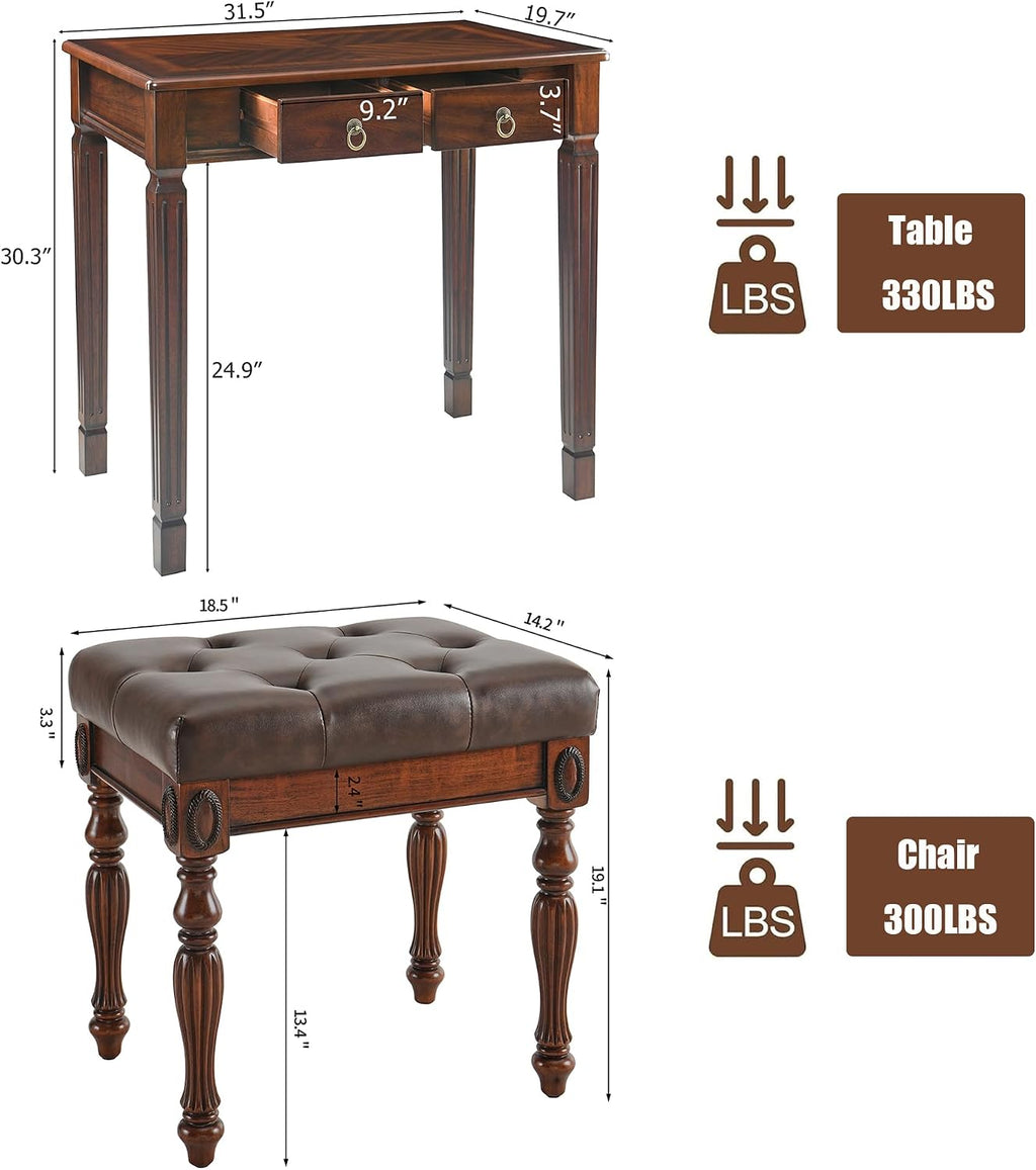 Solid Wood Small Makeup Vanity Table Set, 31.5'W Narrow Wooden Dressing Vanity Desk with 2 Storage Drawers and Upholstered Stool, Compact Writing Desk & Button Tufted Cushioned Stool, Cherry&Brown
