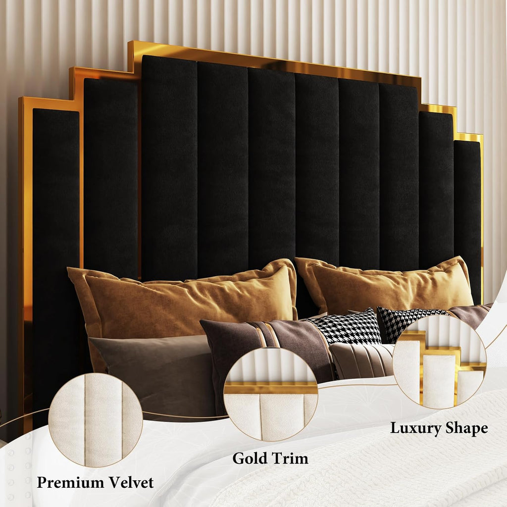 AMERLIFE King Size Upholstered Bed, Modern Velvet Bed Frame with 65.4' Tall Gold Trim Headboard, No Box Spring Needed, Black