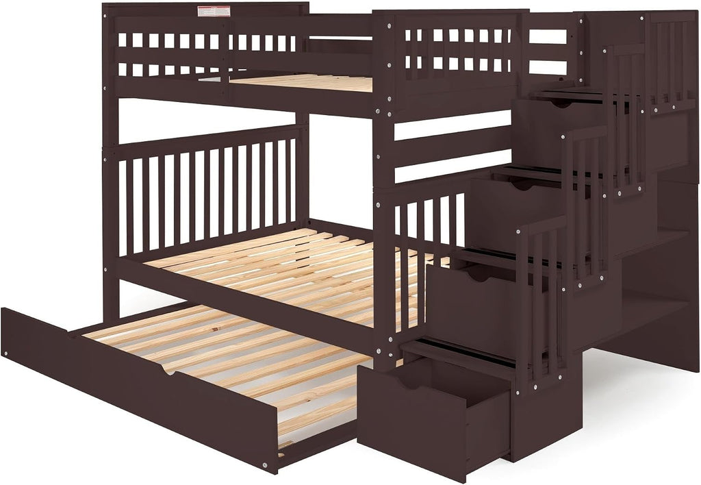 Bedz King Stairway Bunk Beds Full Over Full, 4 Step Drawers, Twin Trundle, Dark Cherry