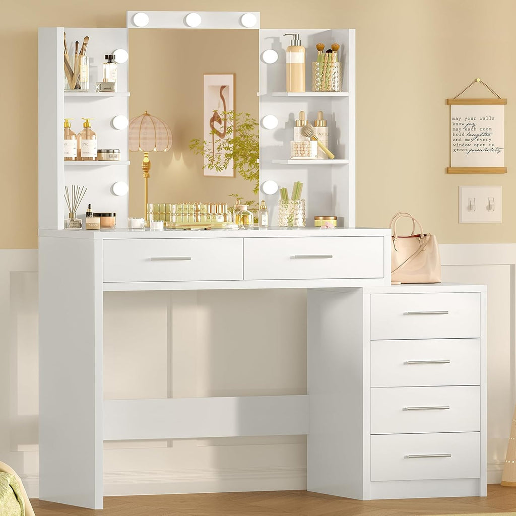 Quimoo 43.3' W Vanity Desk with Mirror and 9 LED Lights, Makeup Vanity with 6 Drawers, 6 Open Shelves, White Vanity for Women Girls, 43.3' W x 13.8' D x 54.3'