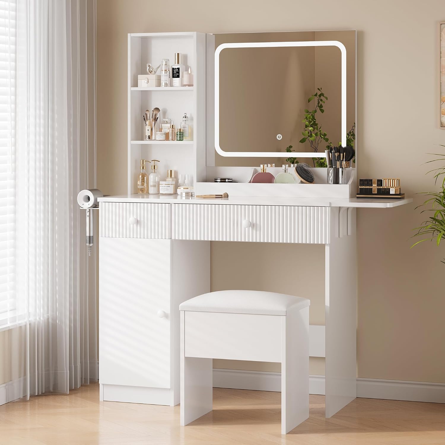 Patikuin Vanity Desk with Mirror and Lights, White Makeup Vanity with Charging Station, Dressing Table Set with Storage Chair, Drawer Shelves, and Foldable Panel for Compact Space Bedroom, White