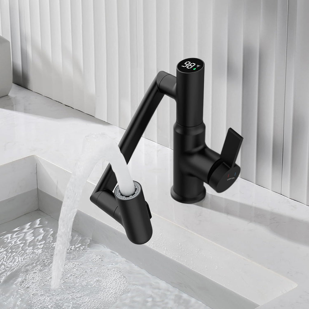 Lefton Rotatable Bathroom Faucet BF2204 with Pop-up Bathroom Sink Drain Stopper Without Overflow D01 (Contemporary, Matte Black)