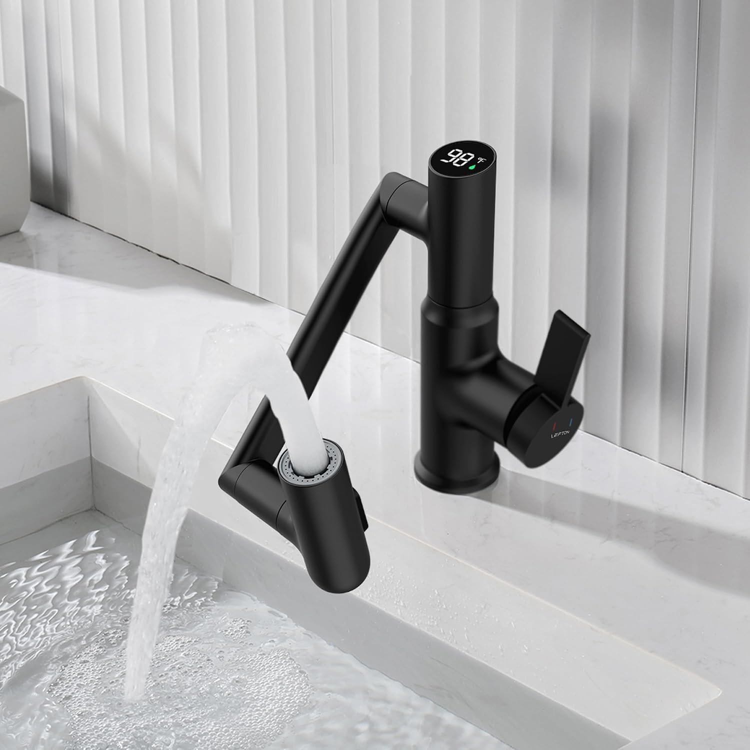 Lefton Rotatable Bathroom Faucet BF2204 with Pop-up Bathroom Sink Drain Stopper Without Overflow D01 (Contemporary, Matte Black)