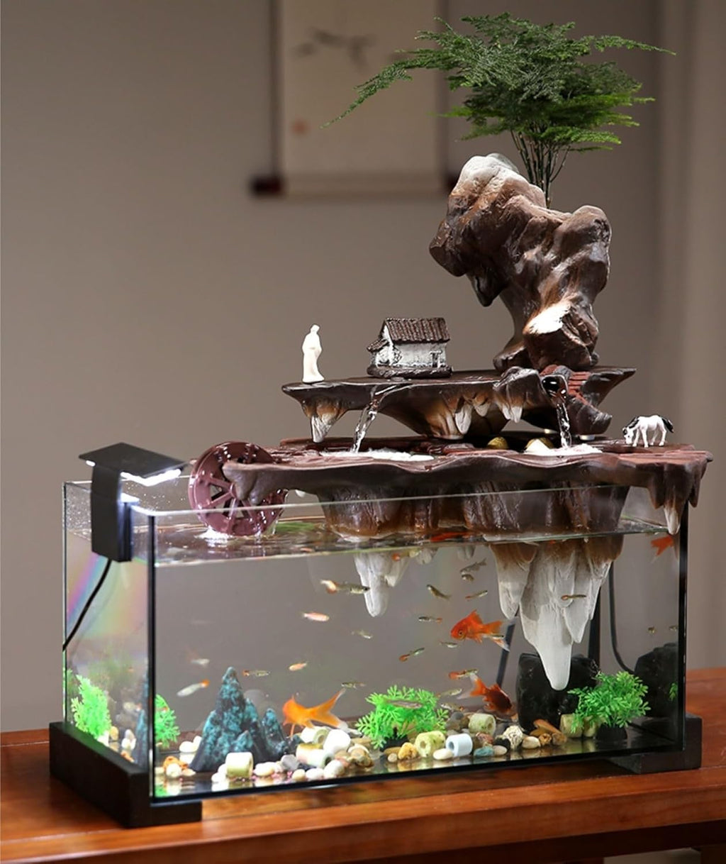 Water Fountains Indoor Fish Tank Living Room Water Flow Ornaments Circulating Water Wheel Office Decoration Porch Landscaping Rockery Humidifier Tabletop Fountain(A)