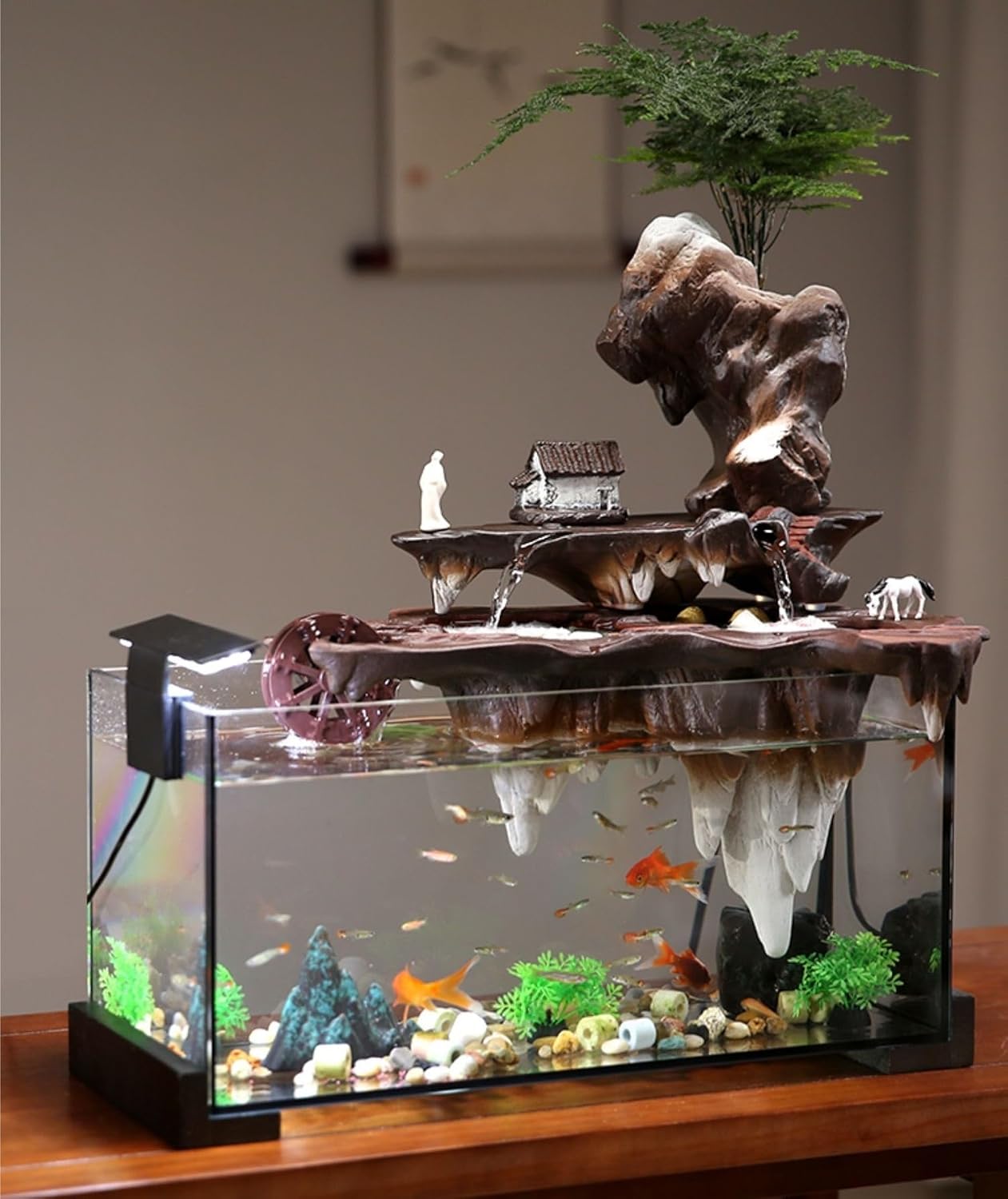 Water Fountains Indoor Fish Tank Living Room Water Flow Ornaments Circulating Water Wheel Office Decoration Porch Landscaping Rockery Humidifier Tabletop Fountain(A)