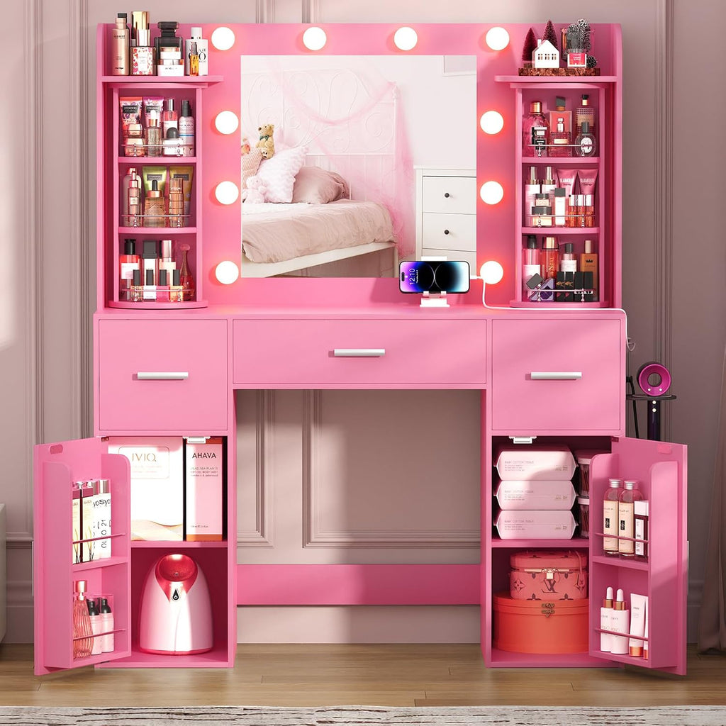 EasyCom Makeup Vanity Desk with Mirror and Lights, Vanity with Rotating Jewelry Organizers, Dressing Table with USB-C Charging Station, 3 Drawers and 2 Cabinets for Bedroom, Dressing Room, Pink