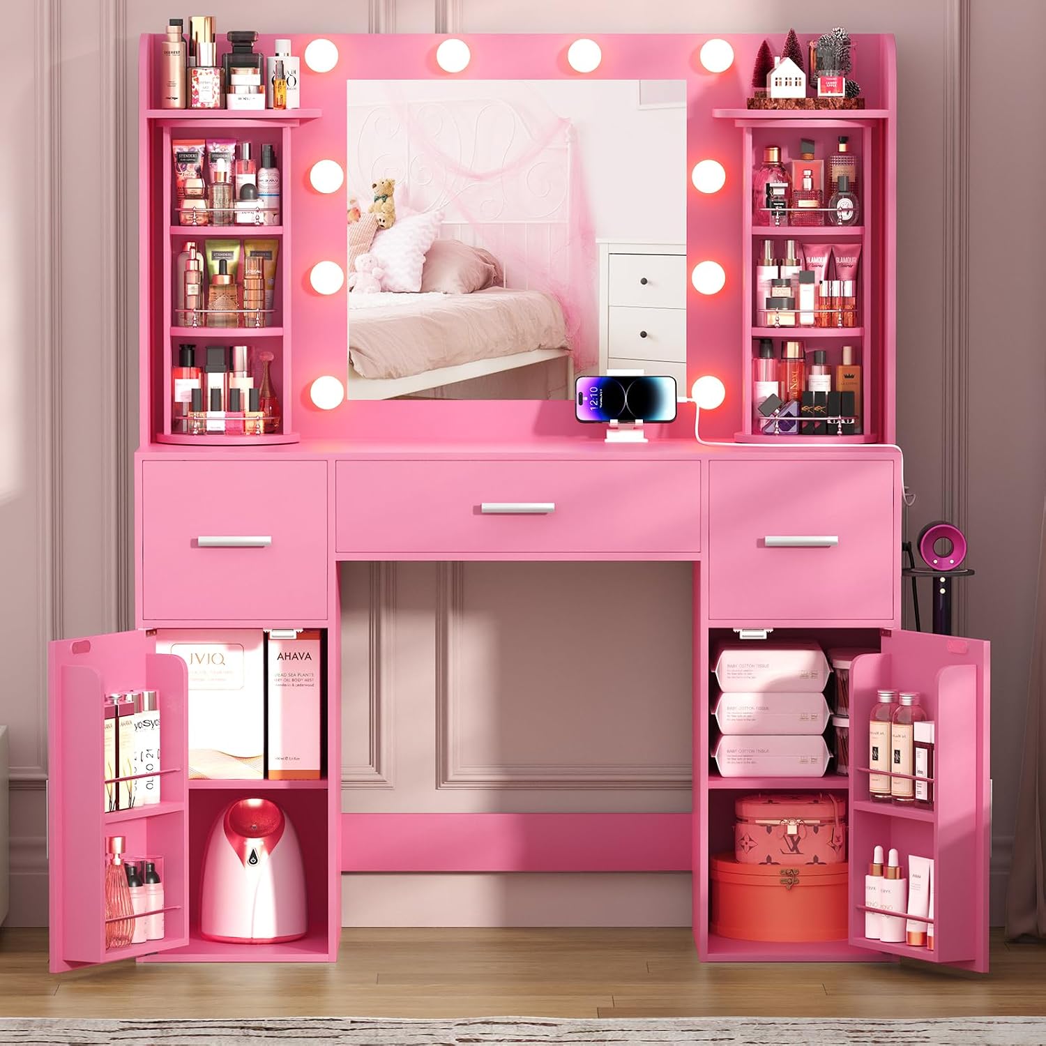 EasyCom Makeup Vanity Desk with Mirror and Lights, Vanity with Rotating Jewelry Organizers, Dressing Table with USB-C Charging Station, 3 Drawers and 2 Cabinets for Bedroom, Dressing Room, Pink