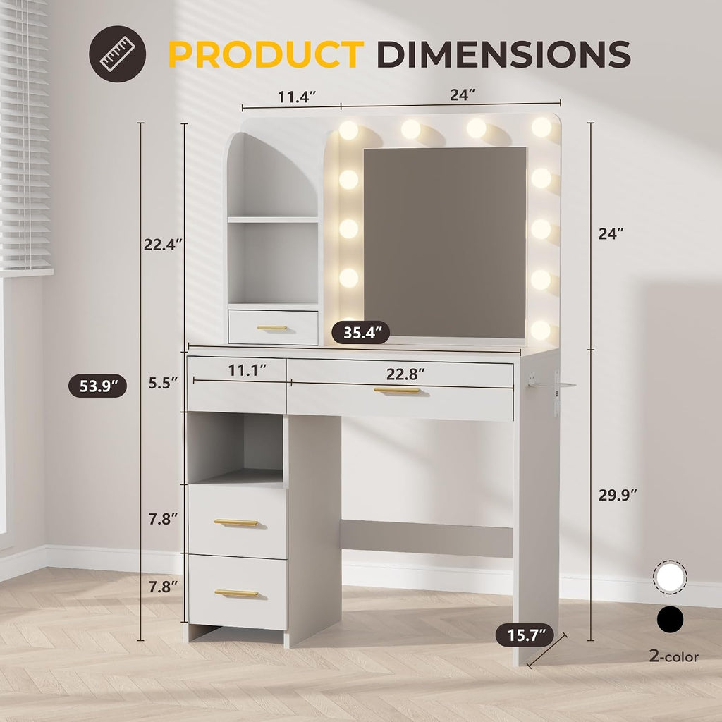 Otterease Vanity Desk with LED Lighted Mirror&Power Outlet, 3 Lighting Colors Makeup Vanity with 5 Large Drawers and 3 Storage Shelves, Vanity with Storage Stool for Bedroom, White