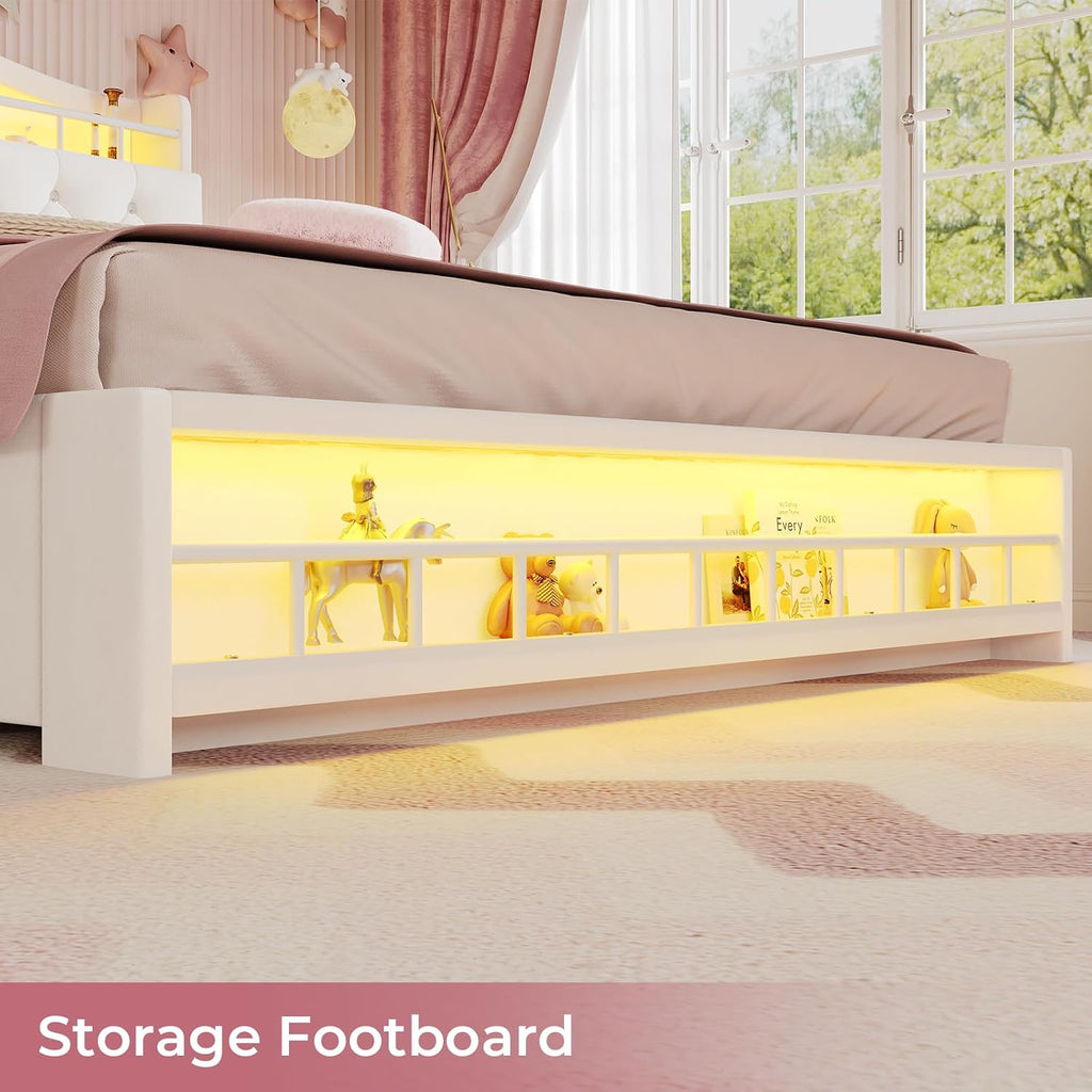 BTHFST Twin Bed Frame with Storage Headboard & 4 Drawers, Girl Upholstered Storage Bed with LED Lights & Charging Station, No Box Spring Needed, Easy Assembly, Beige