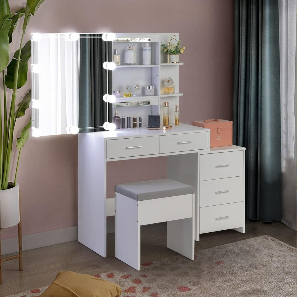 VINGLI Vanity Desk with Mirror, 10 Lights and Stool, Makeup Table with 5 Drawer and 4 Storage Shelves, Dressing Table for Bedroom Dressing Room, White