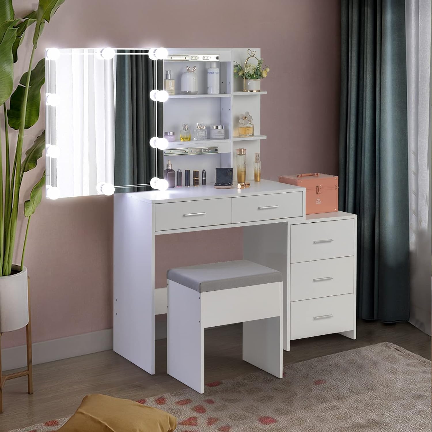 VINGLI Vanity Desk with Mirror, 10 Lights and Stool, Makeup Table with 5 Drawer and 4 Storage Shelves, Dressing Table for Bedroom Dressing Room, White