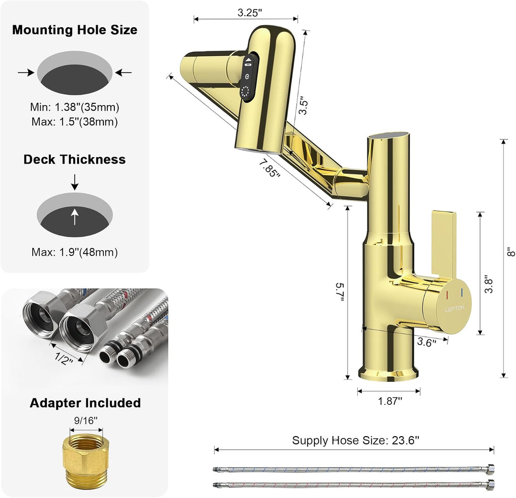 Lefton Rotatable Bathroom Faucet BF2204 with Pop-up Bathroom Sink Drain Stopper Without Overflow D01 (w/Pop-up Drain Stopper, Polished Gold)