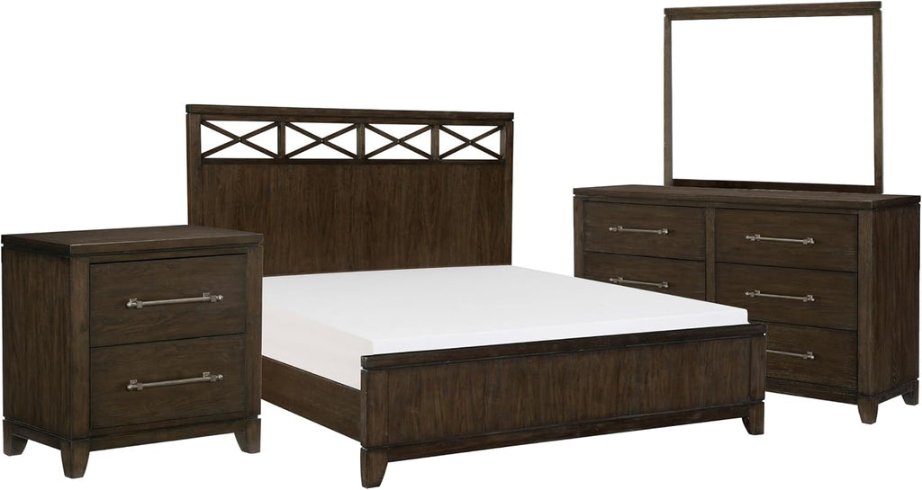 Benzara Gia Four Pc Queen Bedroom Set- Accents on Headboard- Wood- Modern Style