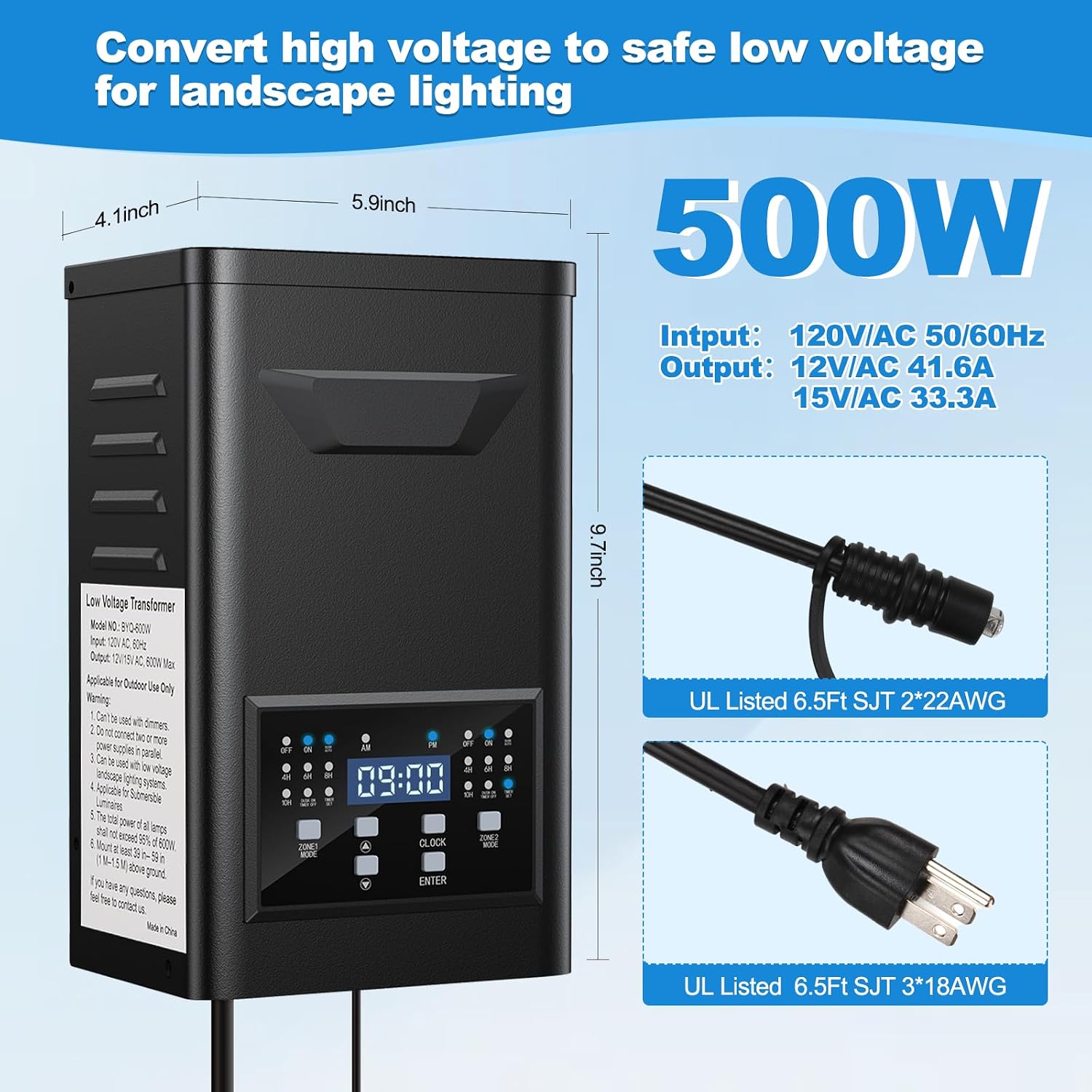 500W Low Voltage Landscape Transformer, 2 Zone Independent Timer & Photocell, 120V to 12V/15V AC, Stainless Steel Weatherproof Outdoor Landscape Lighting Transformer for Yard Garden Pathway Lights