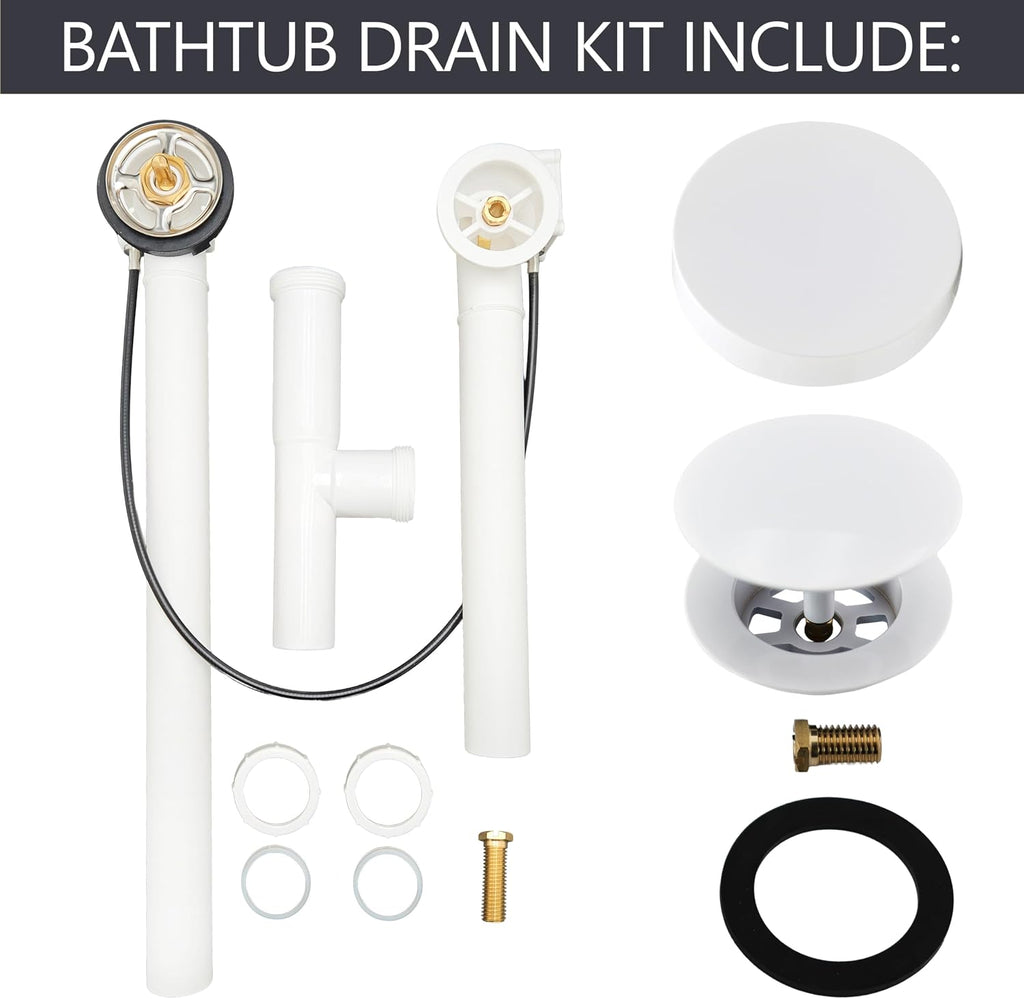 Westbrass D50P27TLERE-50 27' Cable Drive Bath Drain Trim with Rotary Overflow Cover Knob, Pop-Up Stopper and Poly Tubular Pipes & Fittings, Powder Coat White