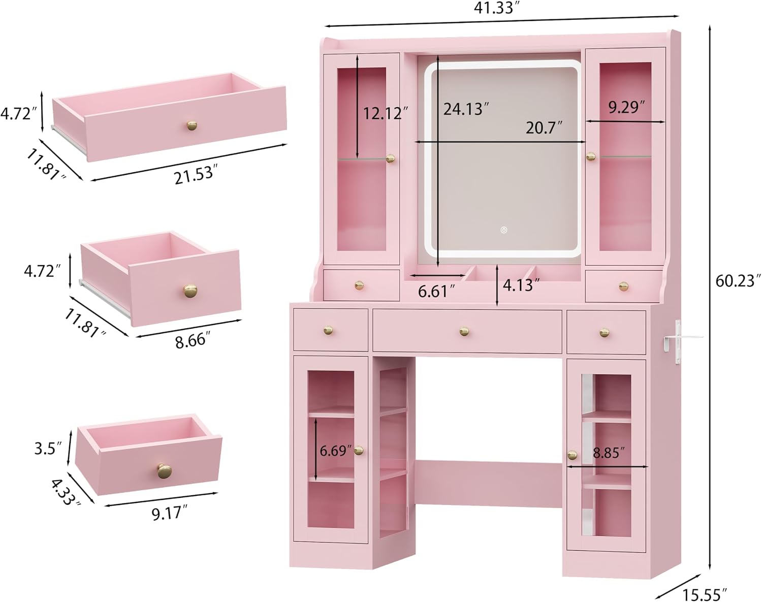 HUANLEGO Vanity Desk with Mirror and Lights, Pink Vanity Mirror with Lights & RGB Glass Cabinet and 3 Drawers, Makeup Vanitys Desk with Lighted Mirror, Dressing Table for Girls Bedroom, 3 Color Modes