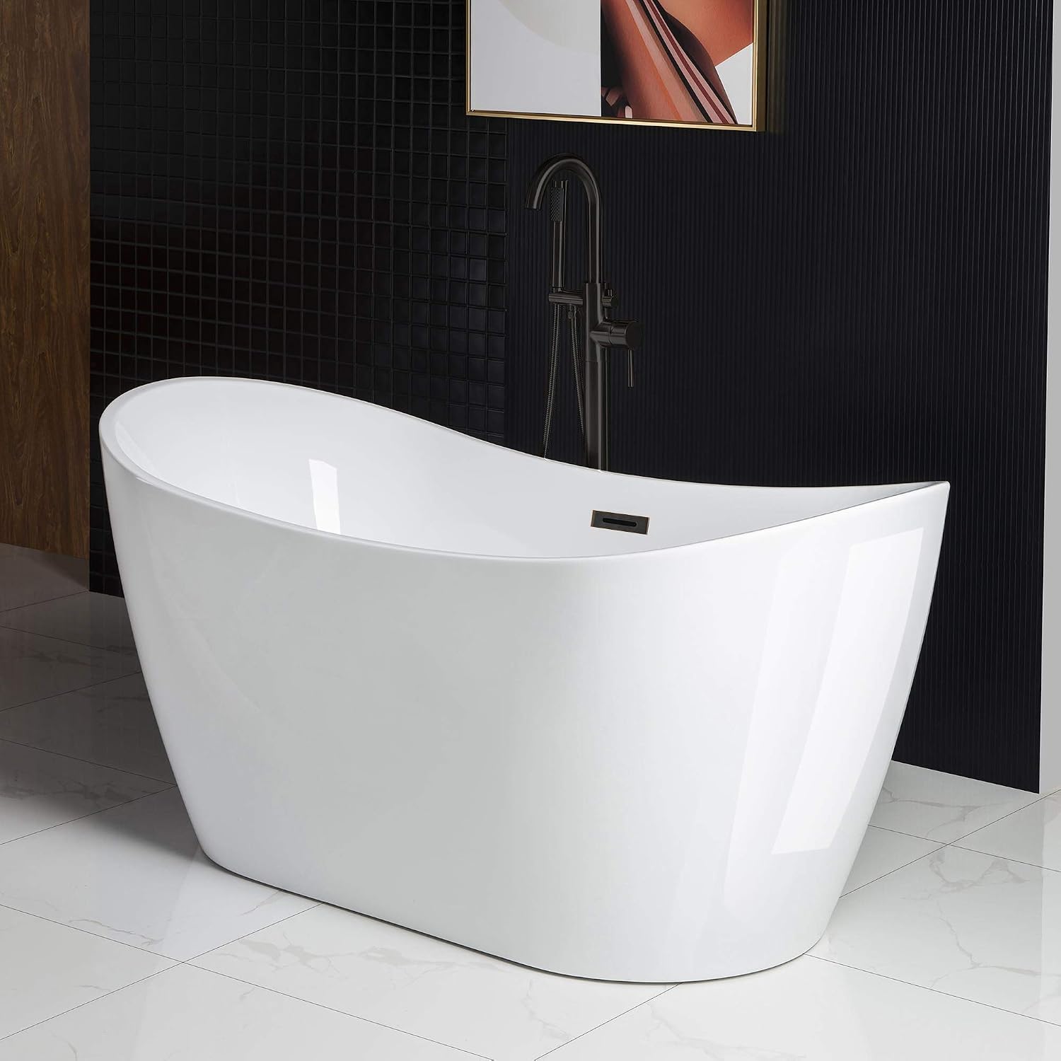 WOODBRIDGE 59' Acrylic Freestanding Bathtub Contemporary Soaking White Tub with Oil Rubbed Bronze Overflow and Drain，B0016 -ORB-Drain &O