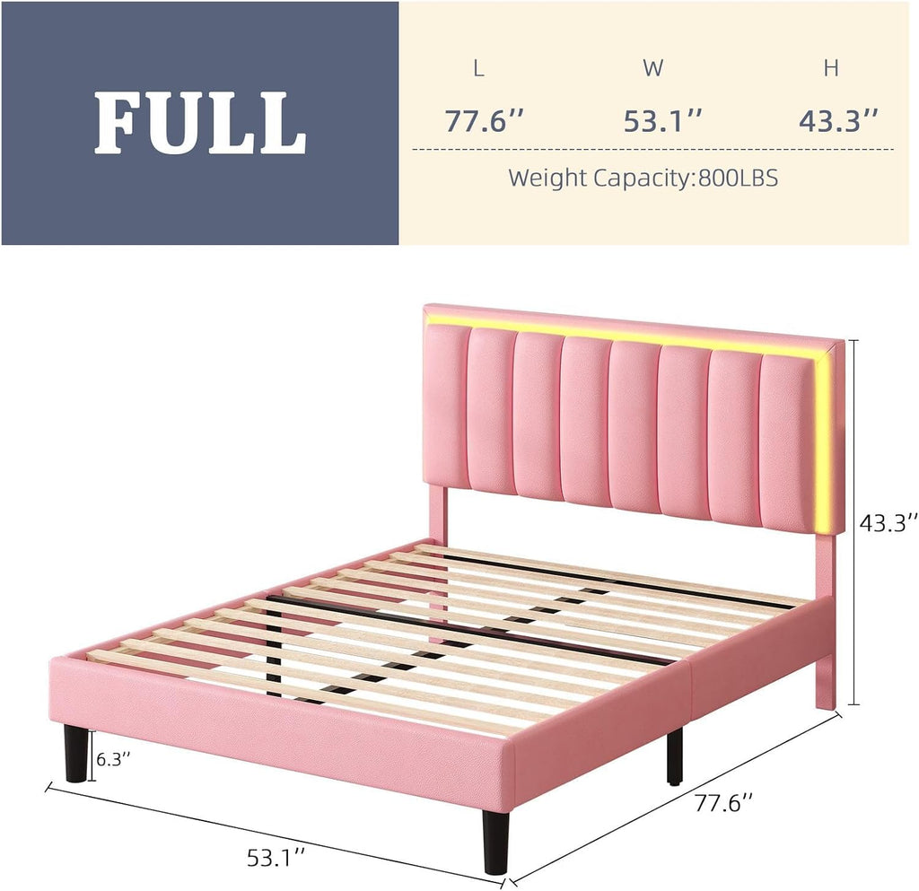 IMMERSTABLE Full Size Bed Frame with RGB LED Lights, Upholstered Platform Bed Frame with Headboard, Wood Slat Support, No Box Spring Needed, Quiet Design, Easy Assembly, Light Pink