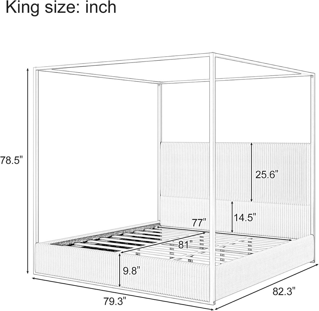 Harper & Bright Designs Luxury Canopy Bed with Tall Corduroy Upholstered Headboard, King Size Upholstered Canopy Bed with Wood Slat Support and Four Poster, No Box Spring Needed, Gold + Beige