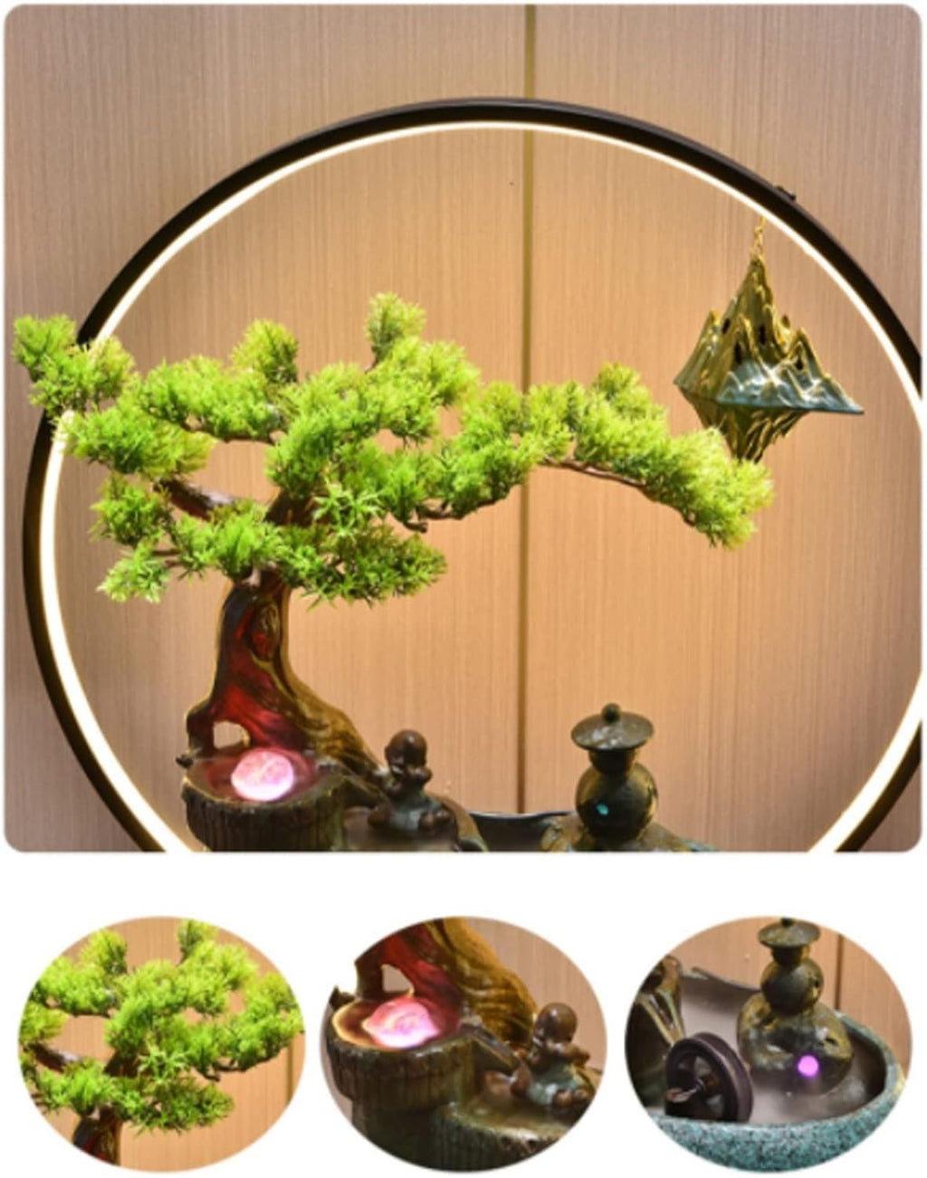 Desktop Fountain Ceramic Tabletop Fountain with LED Lighting Rockery Water Features Zen Cascading Feng Shui Waterfall Table Ornaments for Living Room Office(Black)