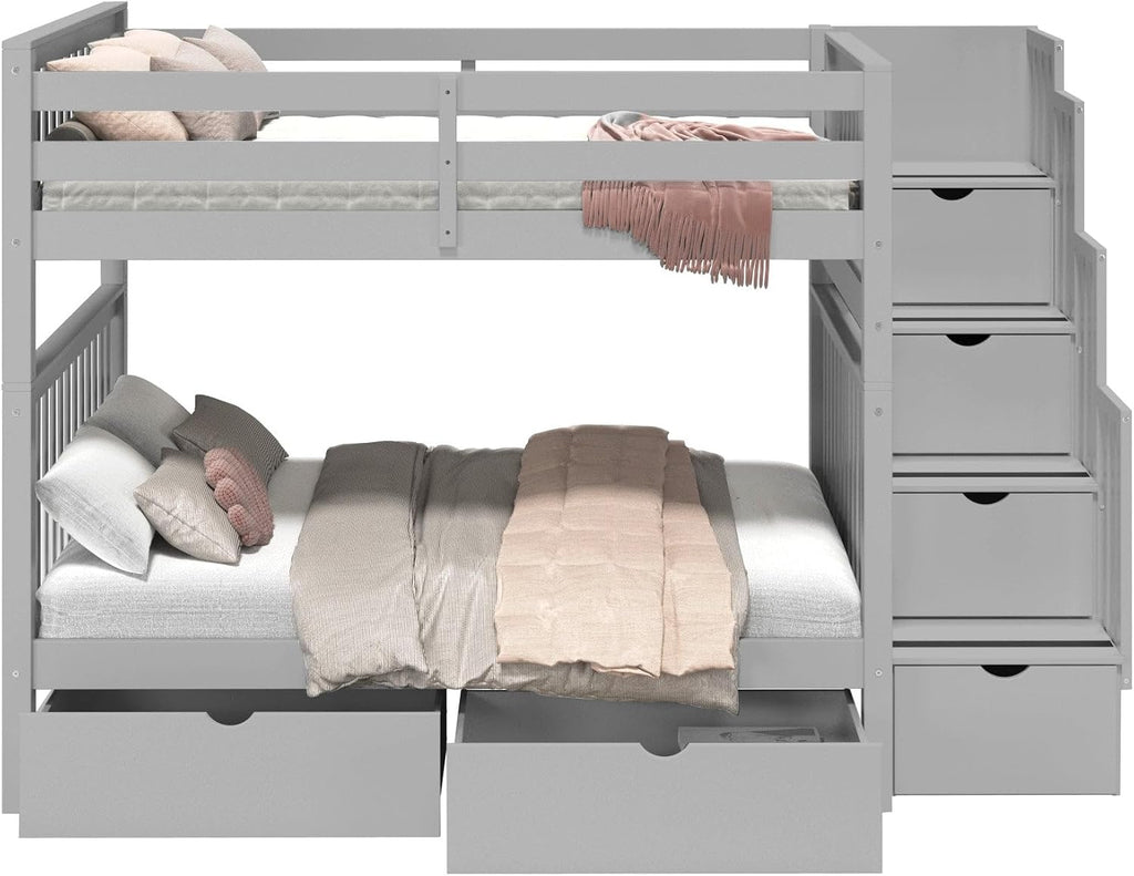 Bedz King Stairway Bunk Beds Full Over Full, 4 Step Drawers, 2 Storage Drawers, Gray