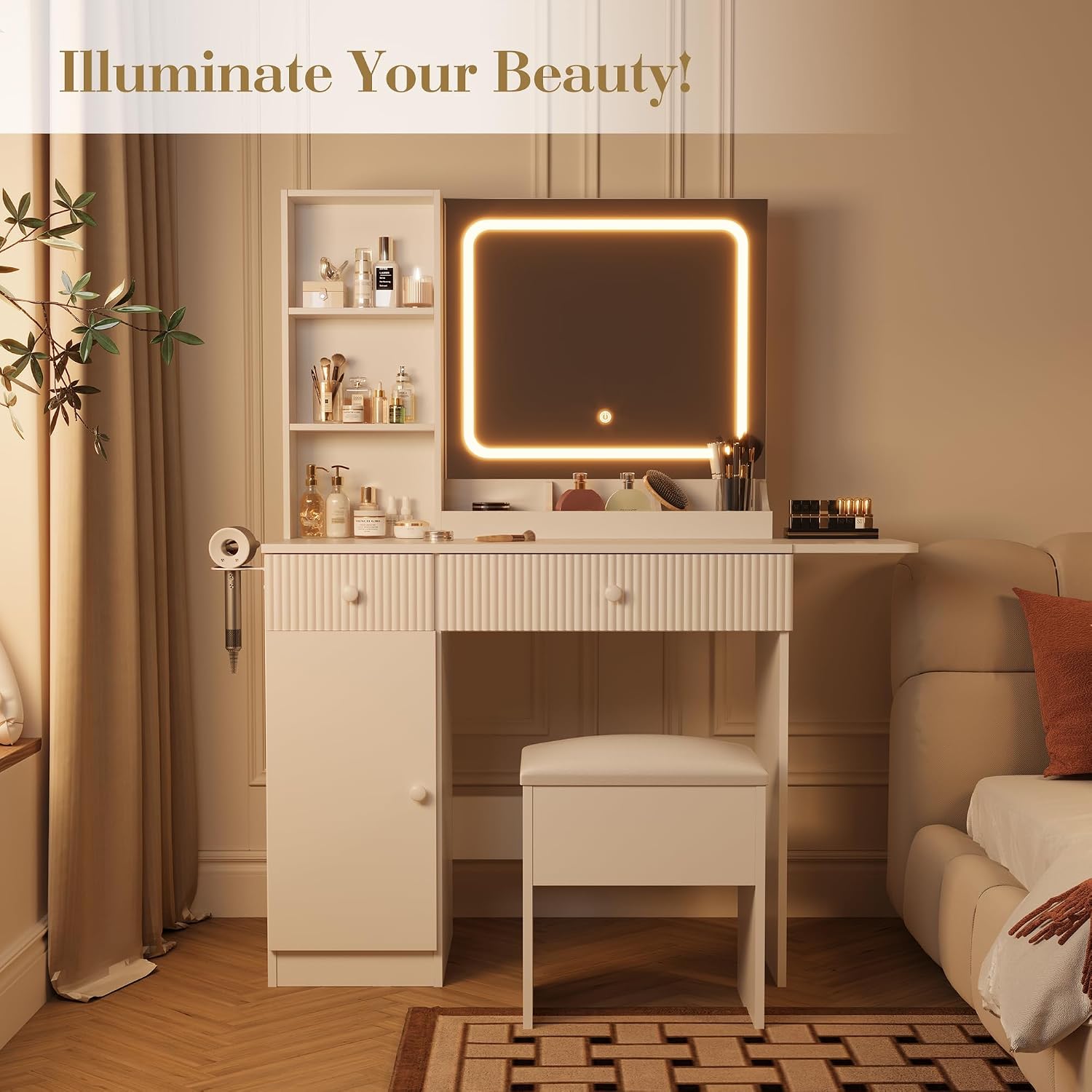 Patikuin Vanity Desk with Mirror and Lights, White Makeup Vanity with Charging Station, Dressing Table Set with Storage Chair, Drawer Shelves, and Foldable Panel for Compact Space Bedroom, White