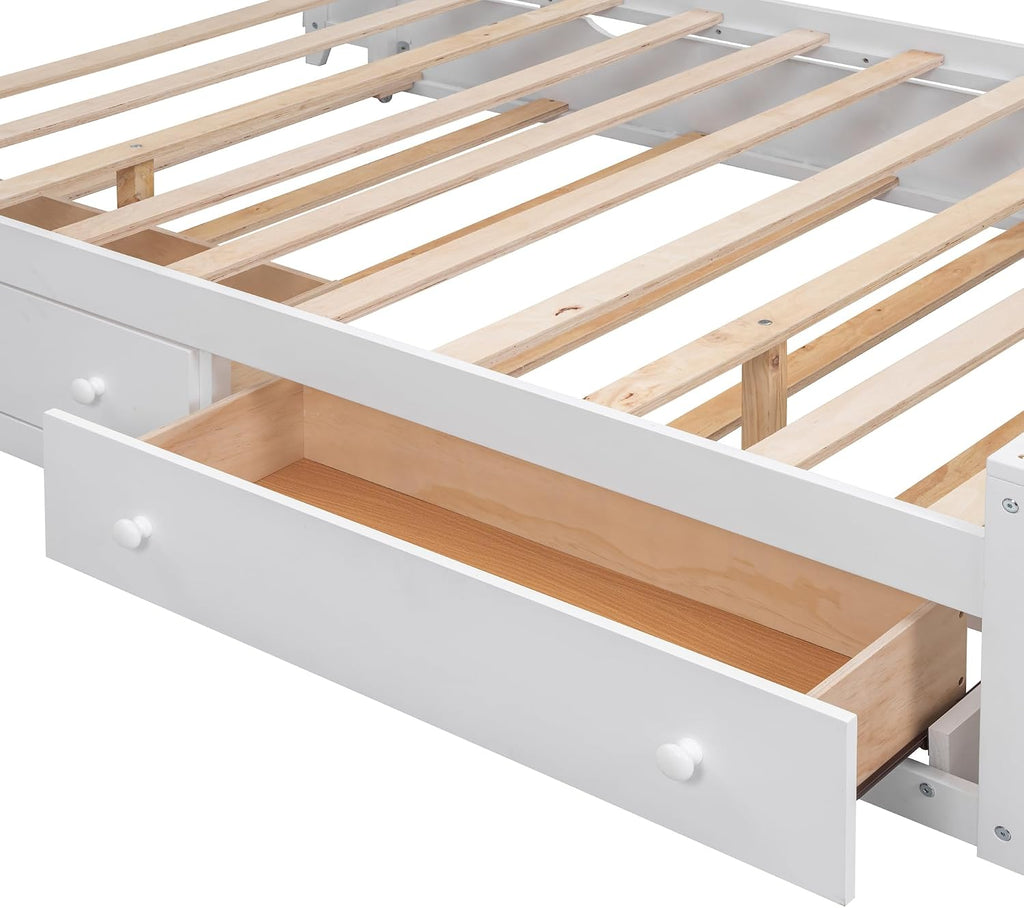 Polibi Full Size Bed Frame with Bookcase Headboard,2 Storage Drawers and Trundle,Wooden Platform Bed Full Size with All-in-One Cabinet, Shelf and Sockets,White