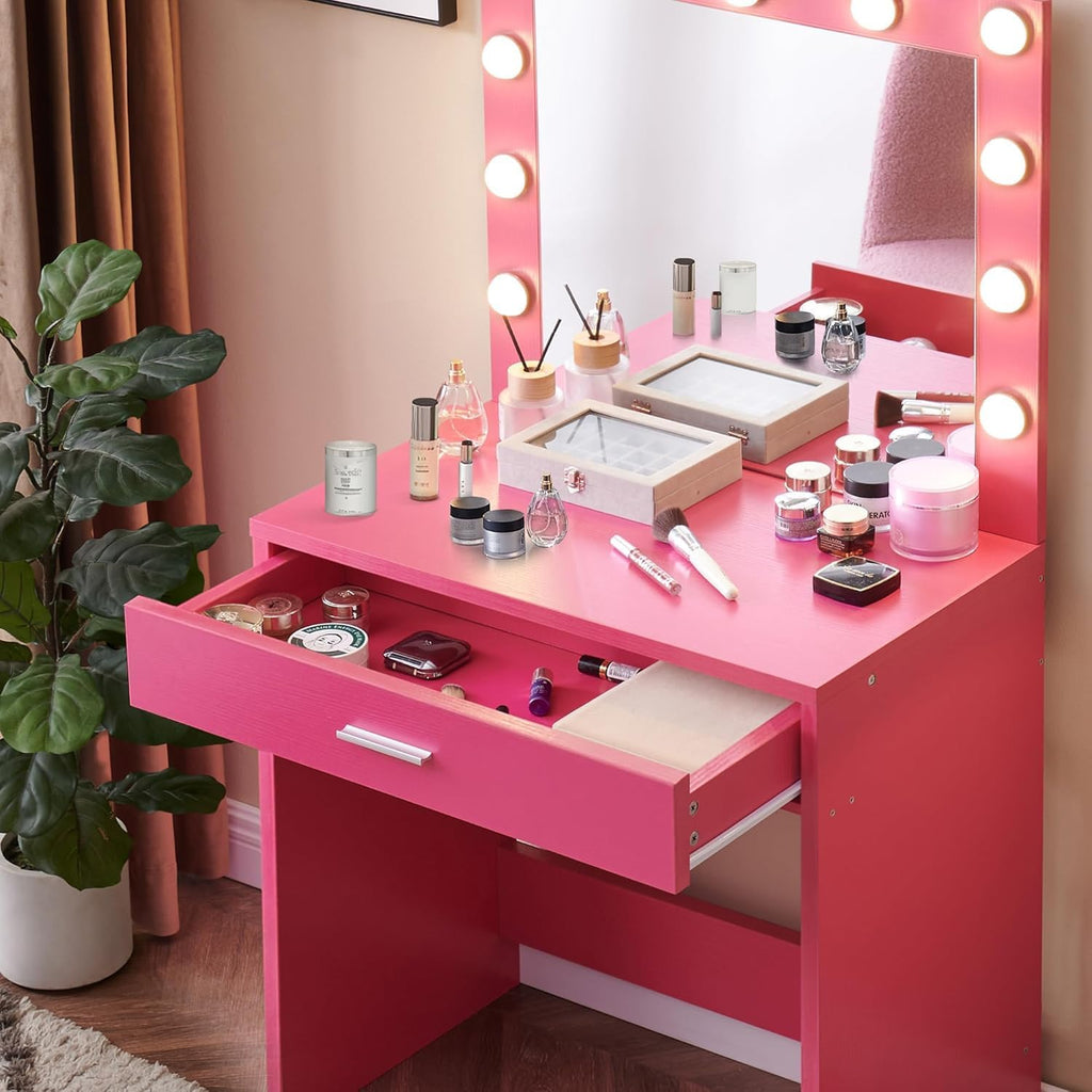 Palimder Vanity Desk with Lamp Bulb Mirror Drawers,Vanity Storage Bench,Makeup Vanities Table for Bedroom,Rose Red