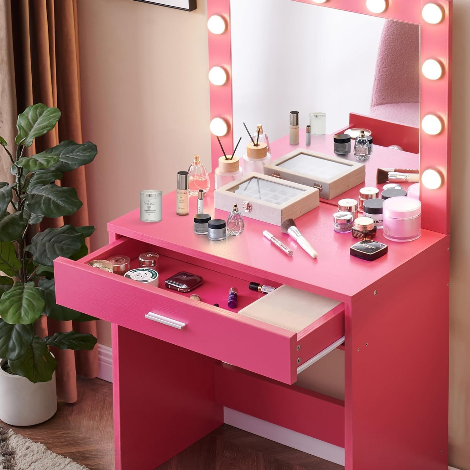 Palimder Vanity Desk with Lamp Bulb Mirror Drawers,Vanity Storage Bench,Makeup Vanities Table for Bedroom,Rose Red