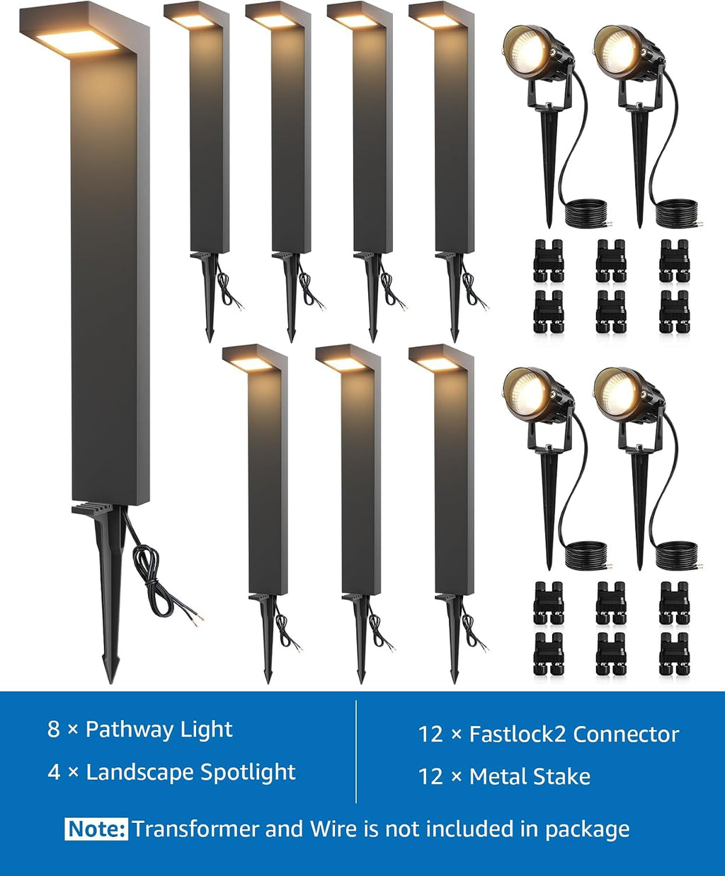 SUNVIE LED Low Voltage Landscape Lighting Kit Outdoor Waterproof Low Voltage Pathway Lights Wired with Spotlights 3000K Modern Outdoor Landscape Lights with Connectors for Path Yard Garden, 12 Pack