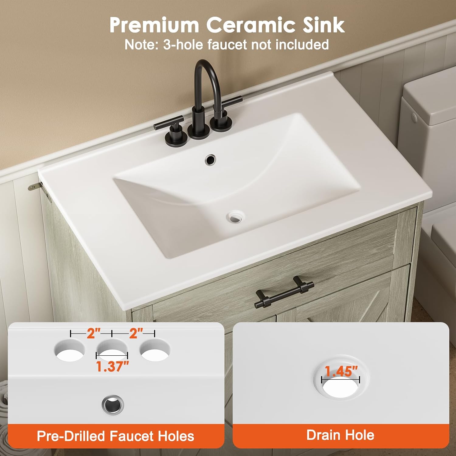 Amada 30″ Bathroom Vanity with Ceramic Sink, Farmhouse Undermount Vanity Sink Cabinet with 2 Doors and 1 Drawer, Free Standing Bathroom Cabinet with Sink Combo Set, Grey