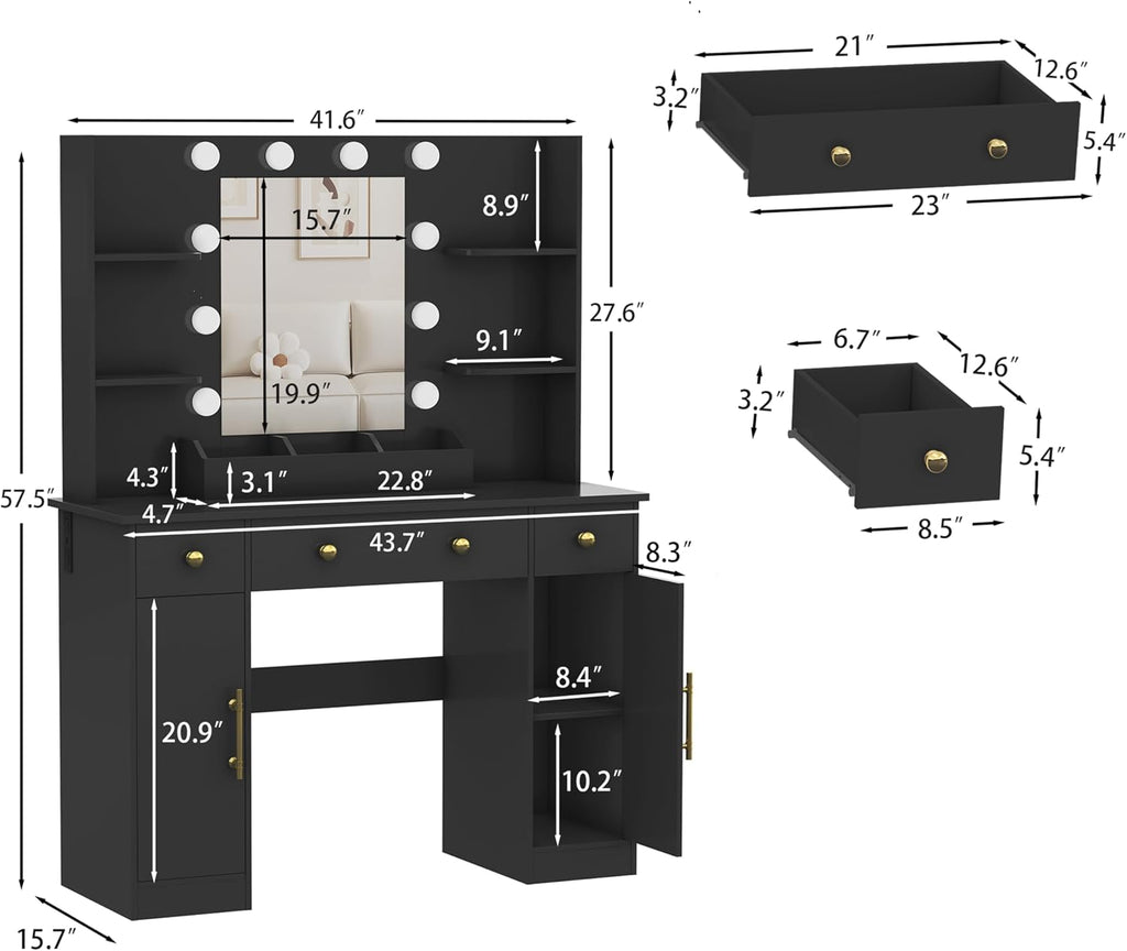 HUANLEGO Vanity Desk with Mirror and Lights, Makeup Vanity with Mirror and LED Lights & Power Outlet, 3 Drawers and Cabinets, 3 Lighting Modes Dressing Table Set for Girls Women Bedroom,Black