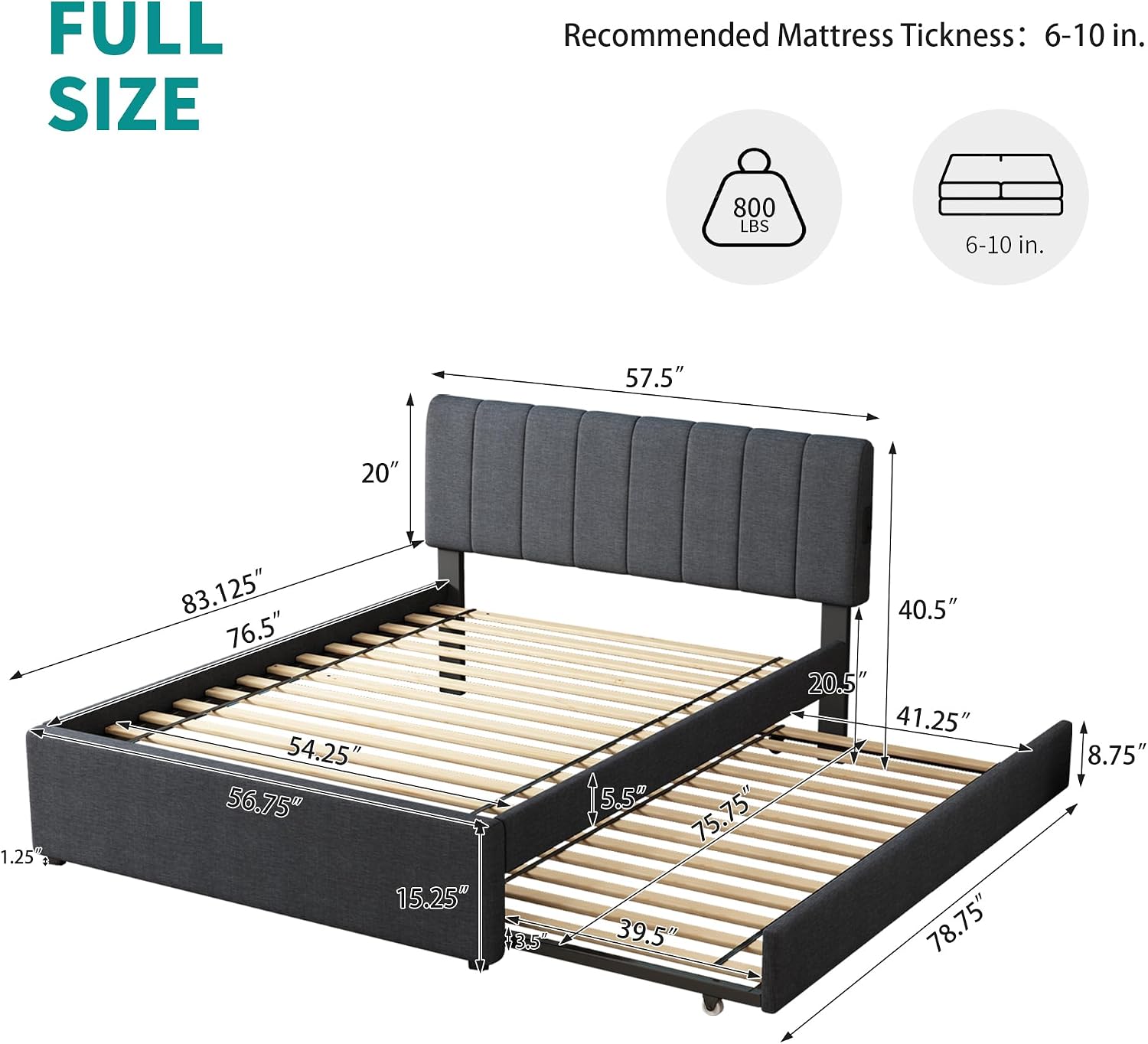 Ball & Cast Full Size Upholstered Platform Bed with Remote Control Intelligence Led Lights App and Trundle,Wood Bed Frame w/Charging Station Headboard & Eva Silent Strip,Bebframe for Apartment,Gray