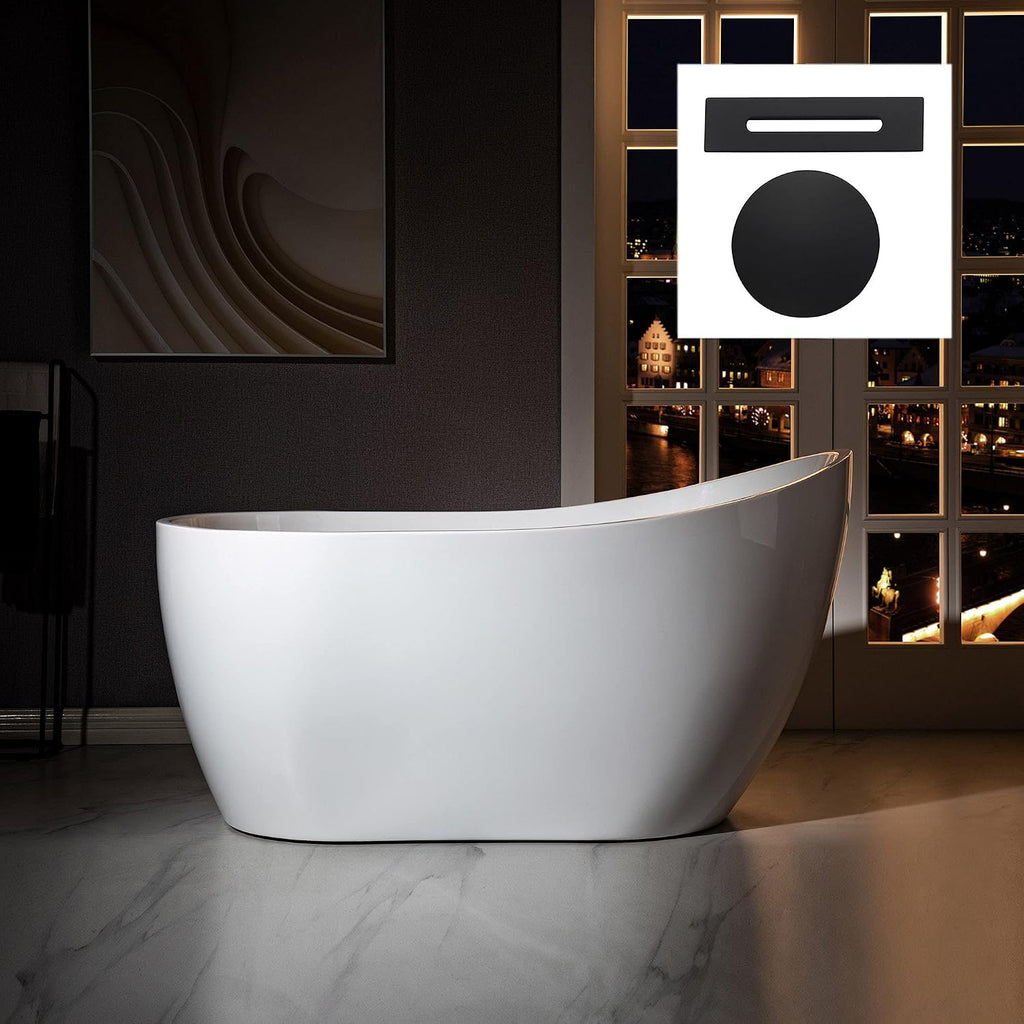 WOODBRIDGE 54' Acrylic Freestanding Bathtub Contemporary Soaking White Tub with Matte Black Overflow and Drain，BTA1507 -MB-Drain &O