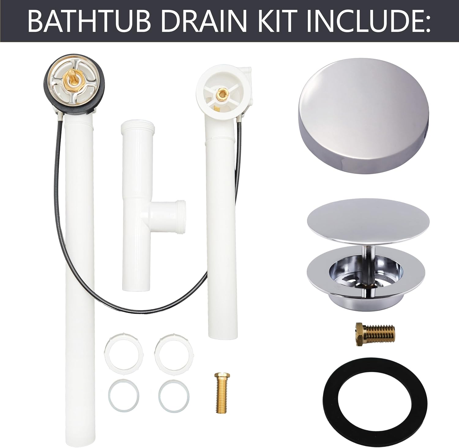 Westbrass D50P27TLERE-26 27' Cable Drive Bath Drain Trim with Rotary Overflow Cover Knob, Pop-Up Stopper and Poly Tubular Pipes & Fittings, Polished Chrome