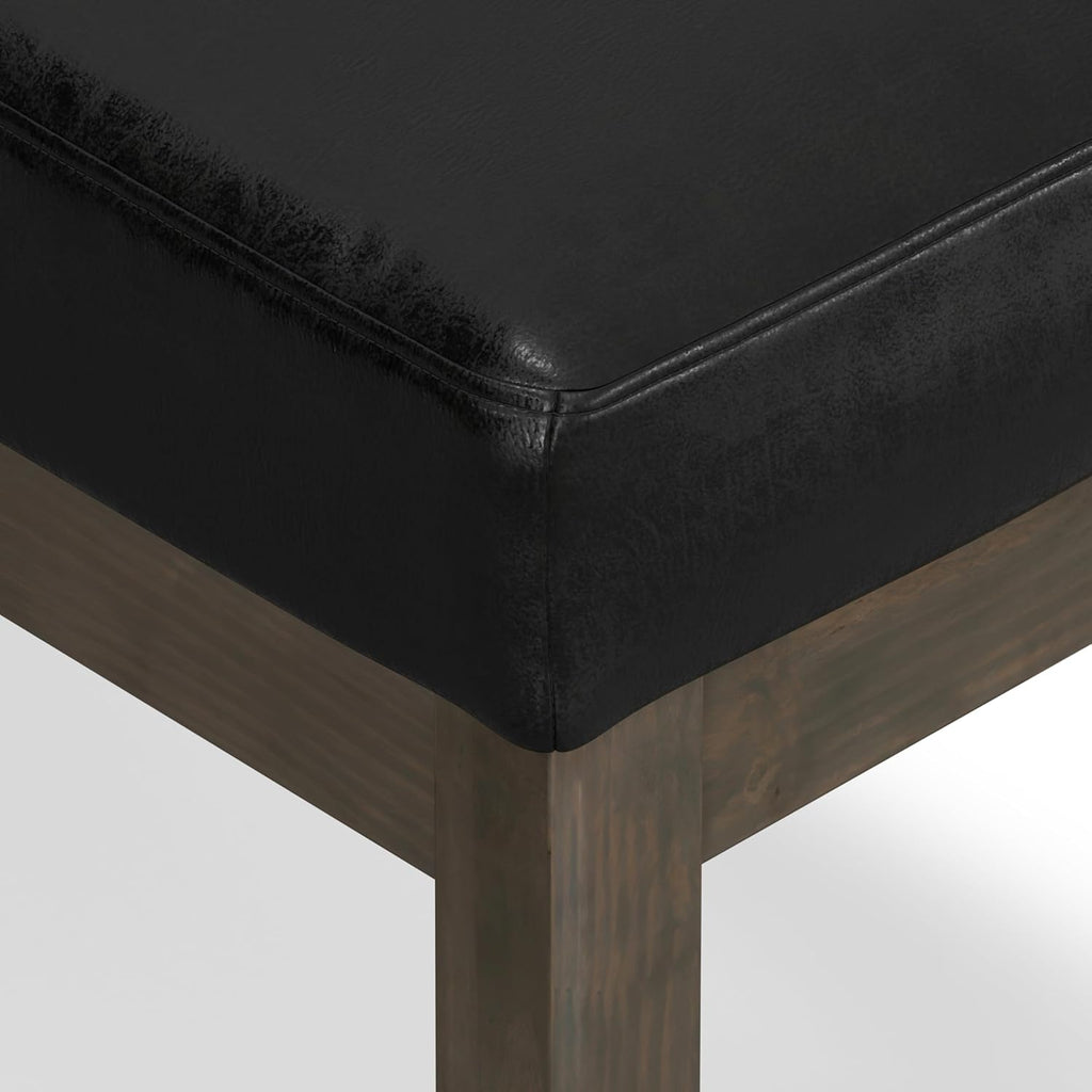 SIMPLIHOME Milltown Small Ottoman Bench - 27' Wide x 18' High Upholstered Vegan Leather Rectangle Footstool Ottoman in Distressed Black, Contemporary Bench for Bedroom with Cushioned Seat, Assembled