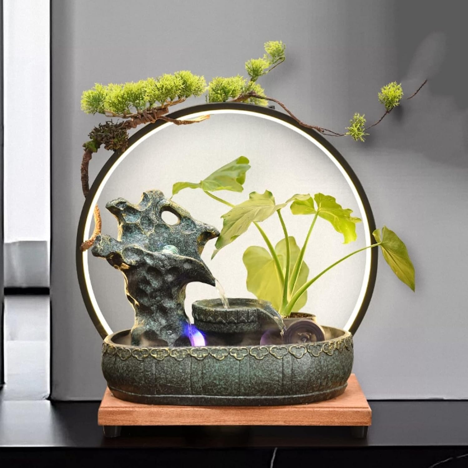 Desktop Fountain Tabletop Fountain Ceramic Rock Falls Fountains with Wooden Base and LED Light Interior Mini Water Feature for Bedroom, Office, Living Room