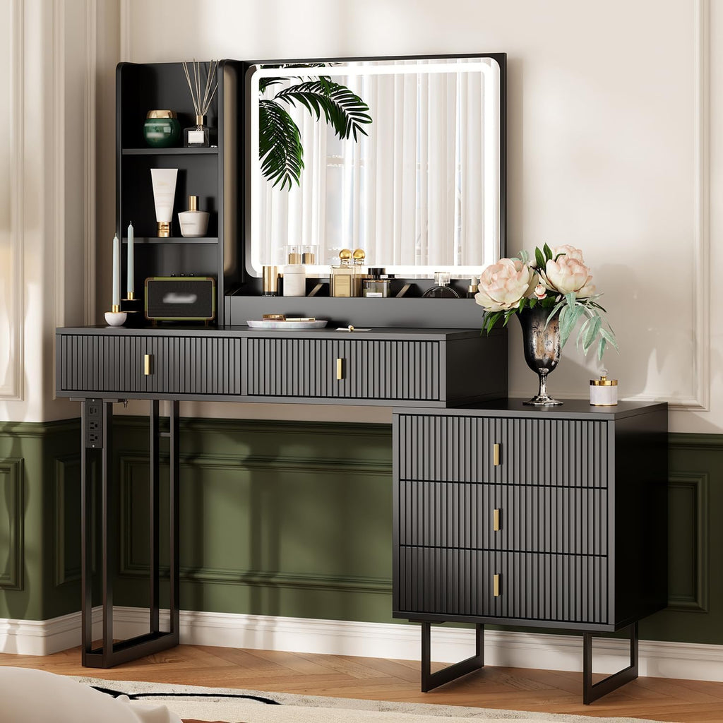 Large Vanity Desk with 3 Color Touch Screen Dimming Mirror, Vanity Desk with Charging Station, Modern Retractable Makeup Dressing Table, Makeup Table With storage shelves and 5 Sliding Drawers, Black