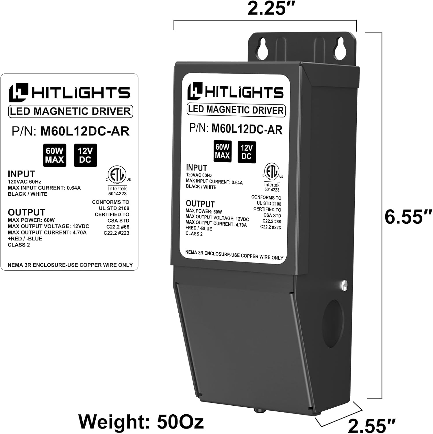 HitLights Dimmable LED Driver 12V 60W, Magnetic Power Supply, 120VAC to 12VDC, Compatible with Lutron＆Leviton Dimmer, Low Voltage Transformer for LED Strip Light, Kitchen, Cabinet, Class2, ETL Listed
