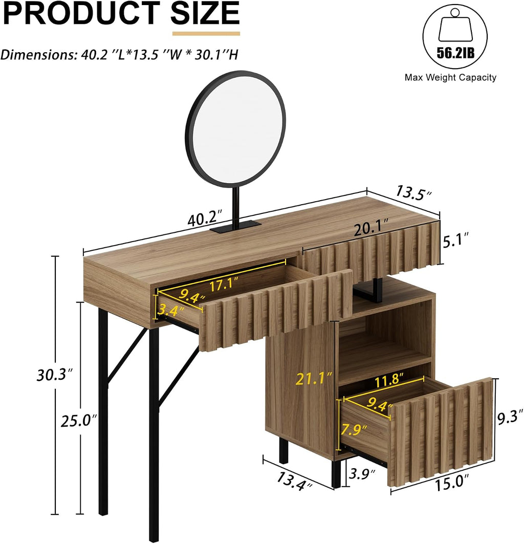 UEV Wood Vanity Desk with Mirror,Makeup Vanity Set with Drawer Chest,Vanity Dressing Table Makeup Desk Set with Storage Space for Bedroom(Wood)
