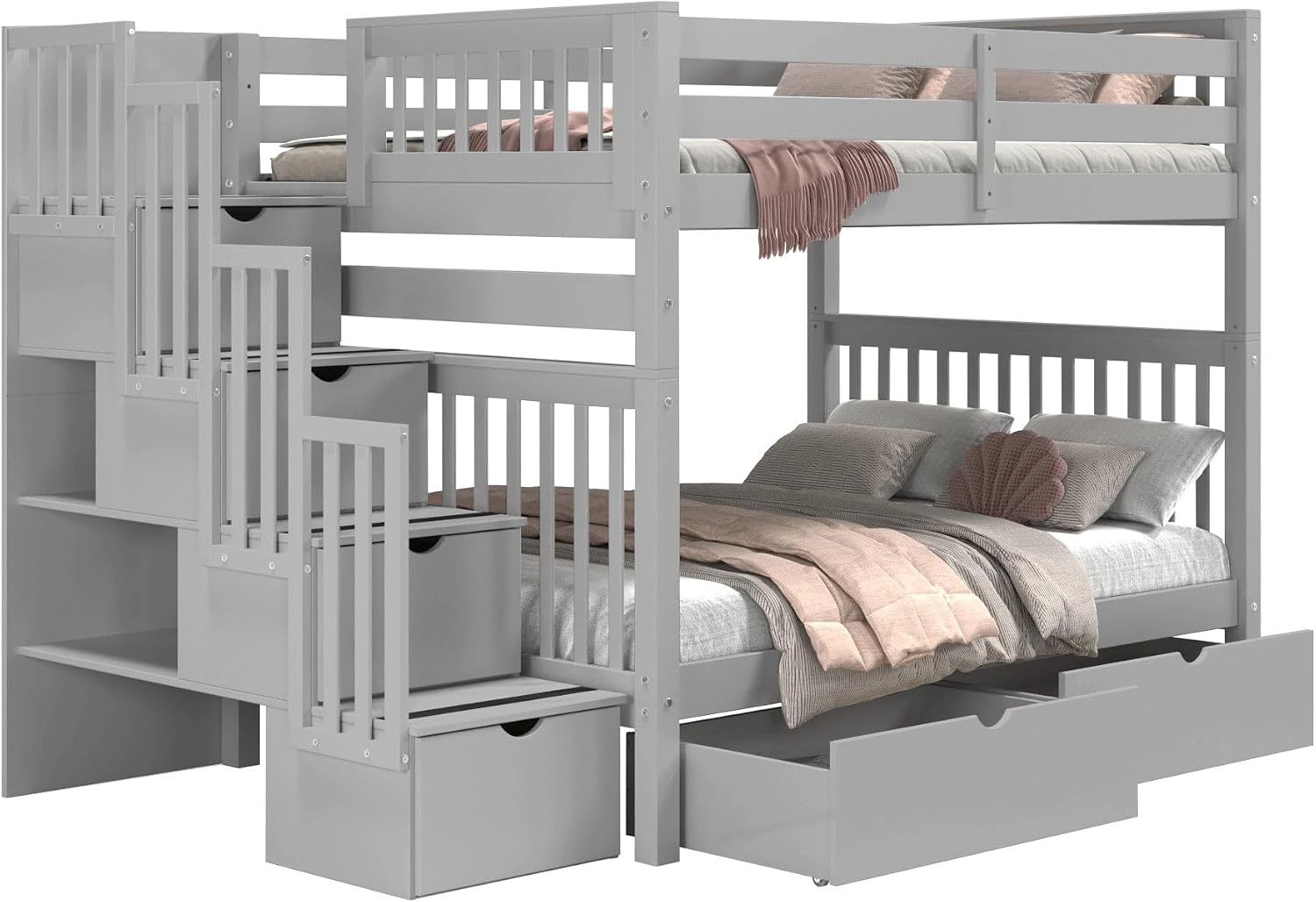 Bedz King Stairway Bunk Beds Full Over Full, 4 Step Drawers, 2 Storage Drawers, Gray