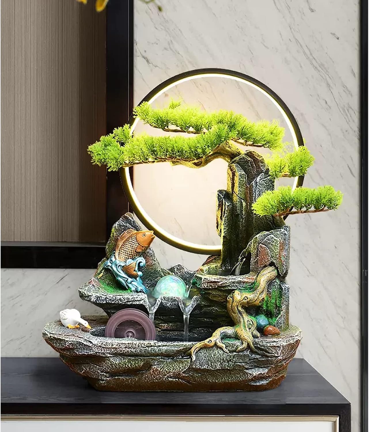 Desktop Fountain Tabletop Fountain Resin Mountain Stone Waterfall Cascading with Round LED Lights and Fake Trees Home Office Decoration Small Table Lamp
