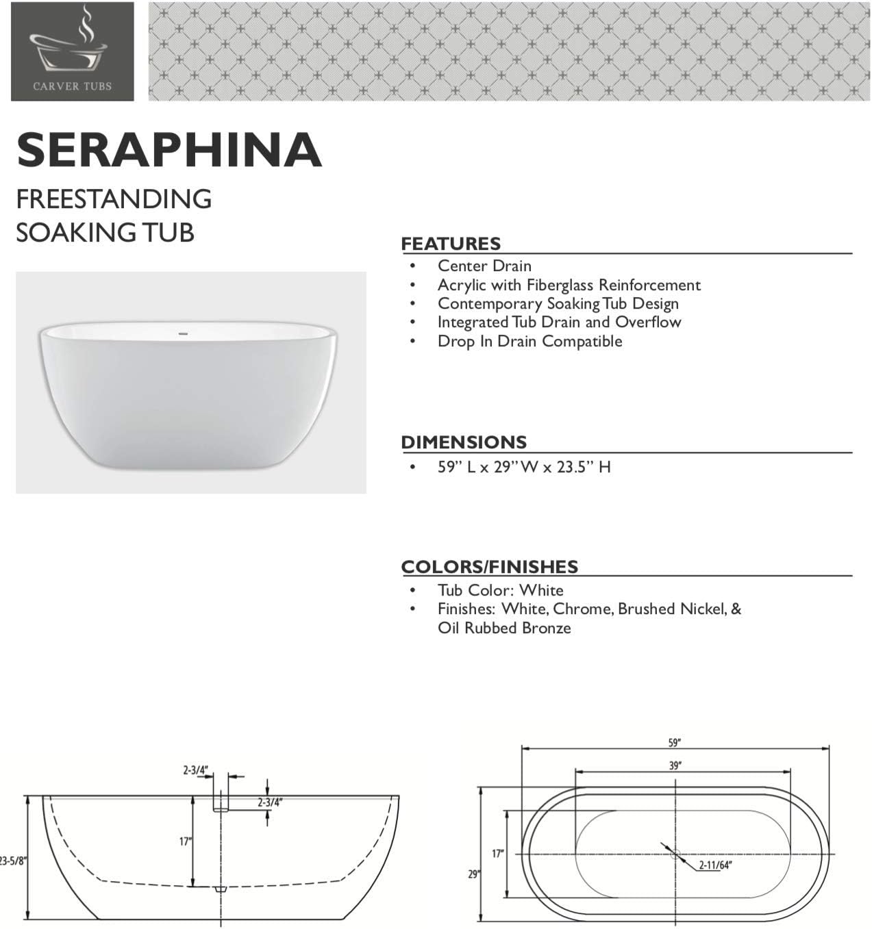 Carver Tubs - Seraphina 59' - Modern White Freestanding Soaking Bathtub With Oil Rubbed Bronze Drain - Contemporary Rounded Oval Acrylic Fiberglass Tub - Deep Relaxing Soak - 59'L x 29'W x 23.5'H