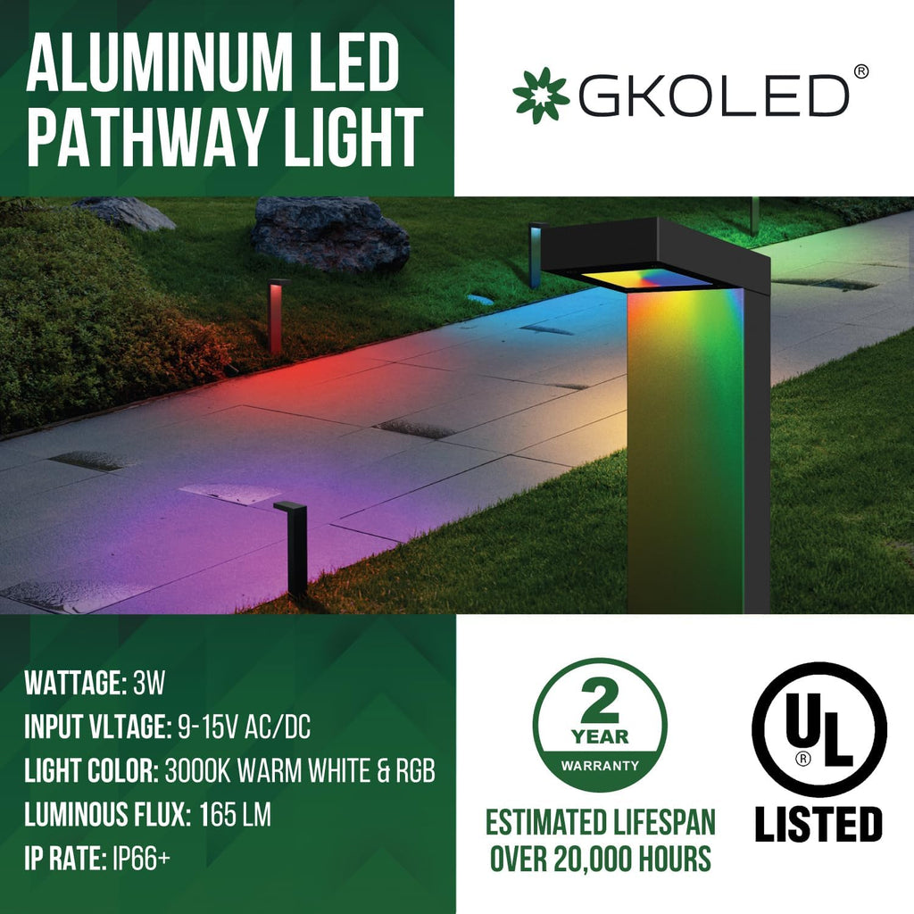 GKOLED 4 Pack Low Voltage Landscape Pathway Light Fixture, 9-15V AC DC Outdoor Walkway Lighting with APP Control, Color Changing Warm White for Yard Lawn, Stake, Die-cast Aluminum Housing