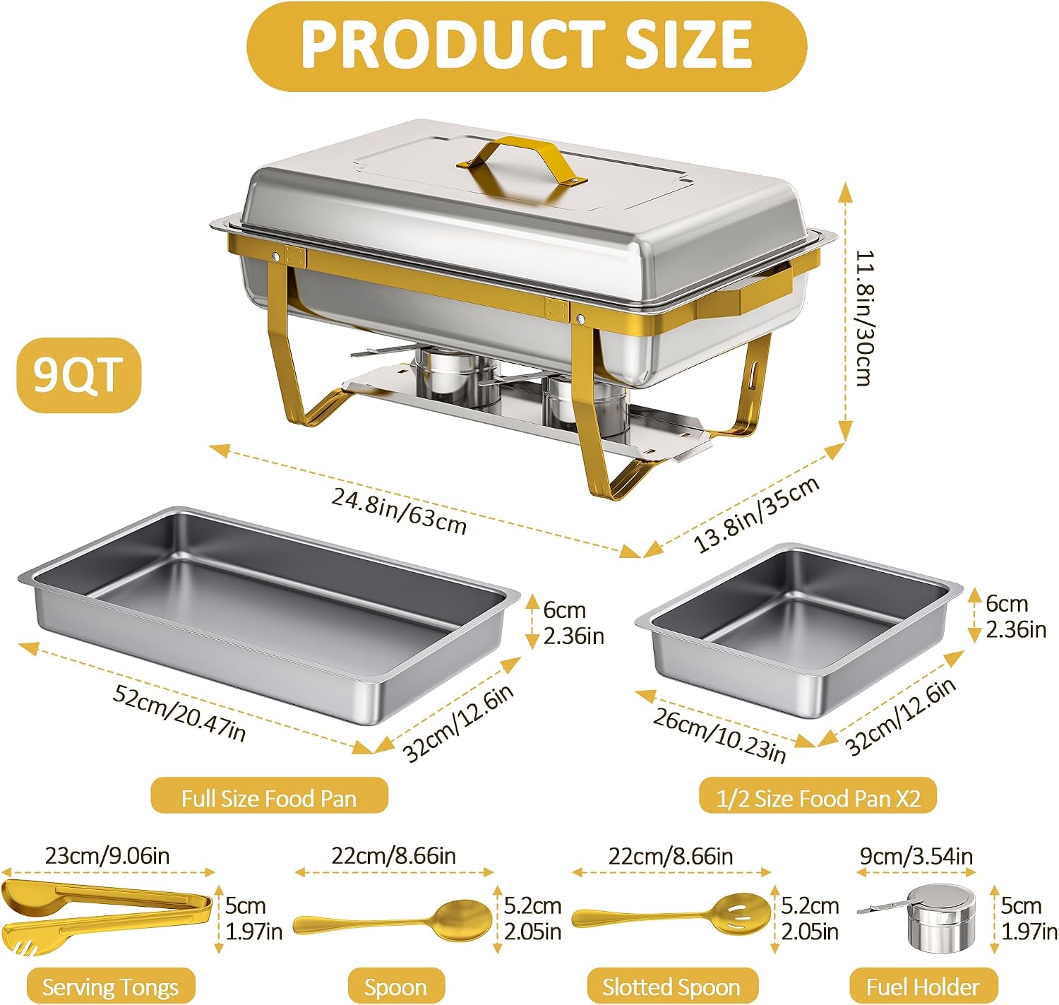 9 QT Chafing Dishes for Buffet Set 2 Pack, Gold Stainless Steel Food Warmers with Serving Utensils Folding Stand, Buffet Servers for Parties, Weddings, Catering, Family Gatherings