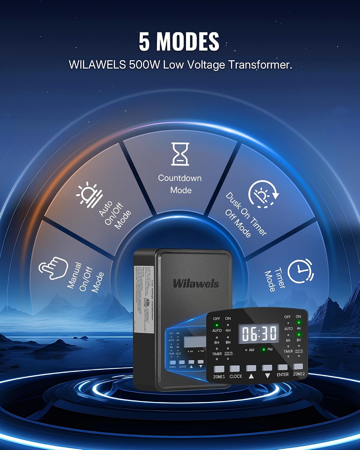 500W Low Voltage Landscape Transformer, 2 Zone Independent Control Landscape Lighting Transformer, 120VAC to 12/14V AC Low Voltage Transformer with Timer & Photocell Sensor ETL Listed D24LT06