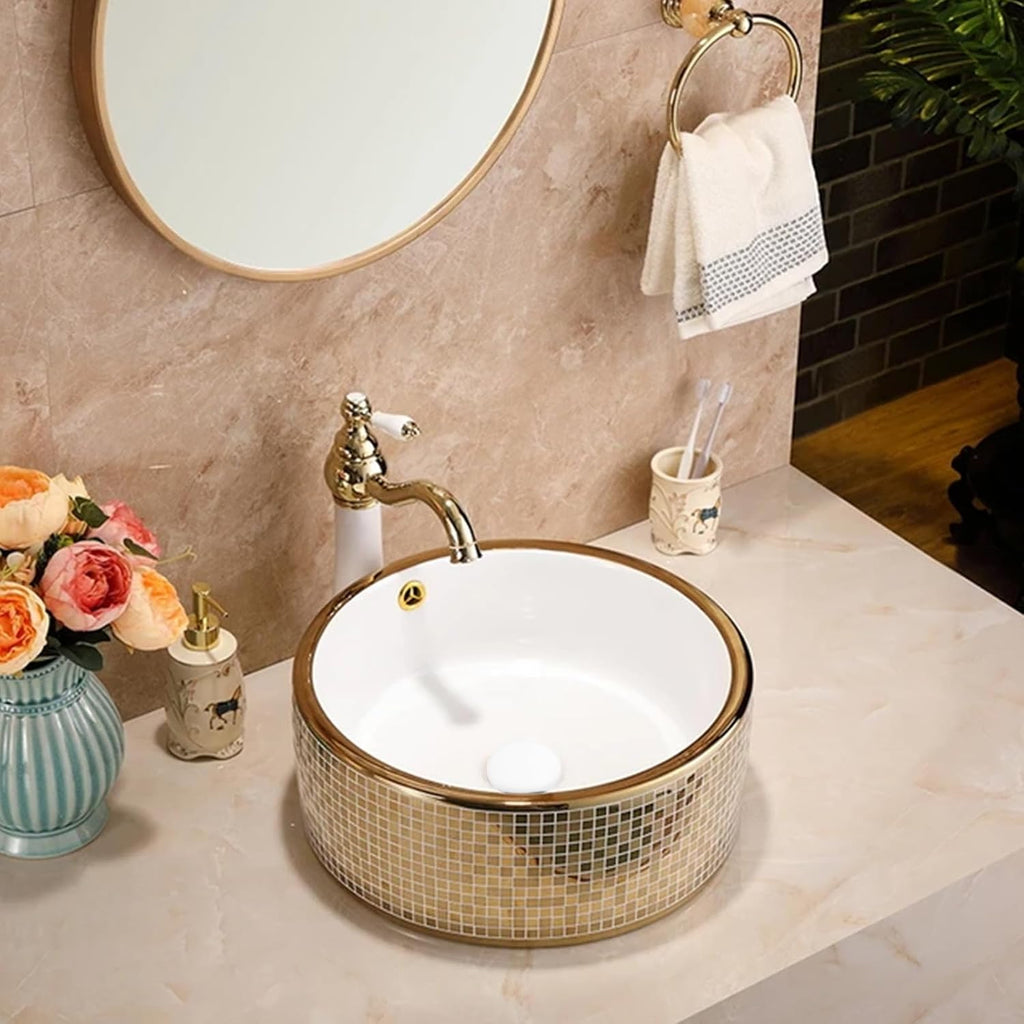 Strictly Sinks 16 Inch Gold Vessel Sink – Round Mosaic Ceramic Countertop Bathroom Sink – Easy to Install Above Counter Luxurious Vessel Sink for Bathroom (16-5/8″ W x 16-5/8″ L x 7-11/16″ H)