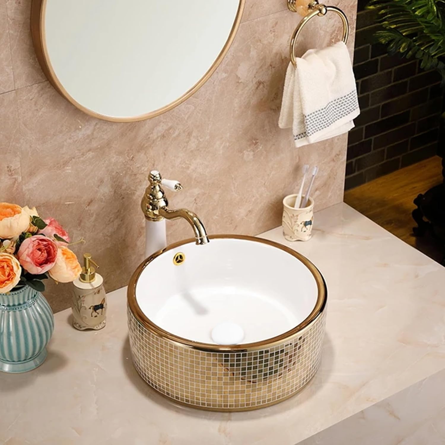 Strictly Sinks 16 Inch Gold Vessel Sink – Round Mosaic Ceramic Countertop Bathroom Sink – Easy to Install Above Counter Luxurious Vessel Sink for Bathroom (16-5/8″ W x 16-5/8″ L x 7-11/16″ H)